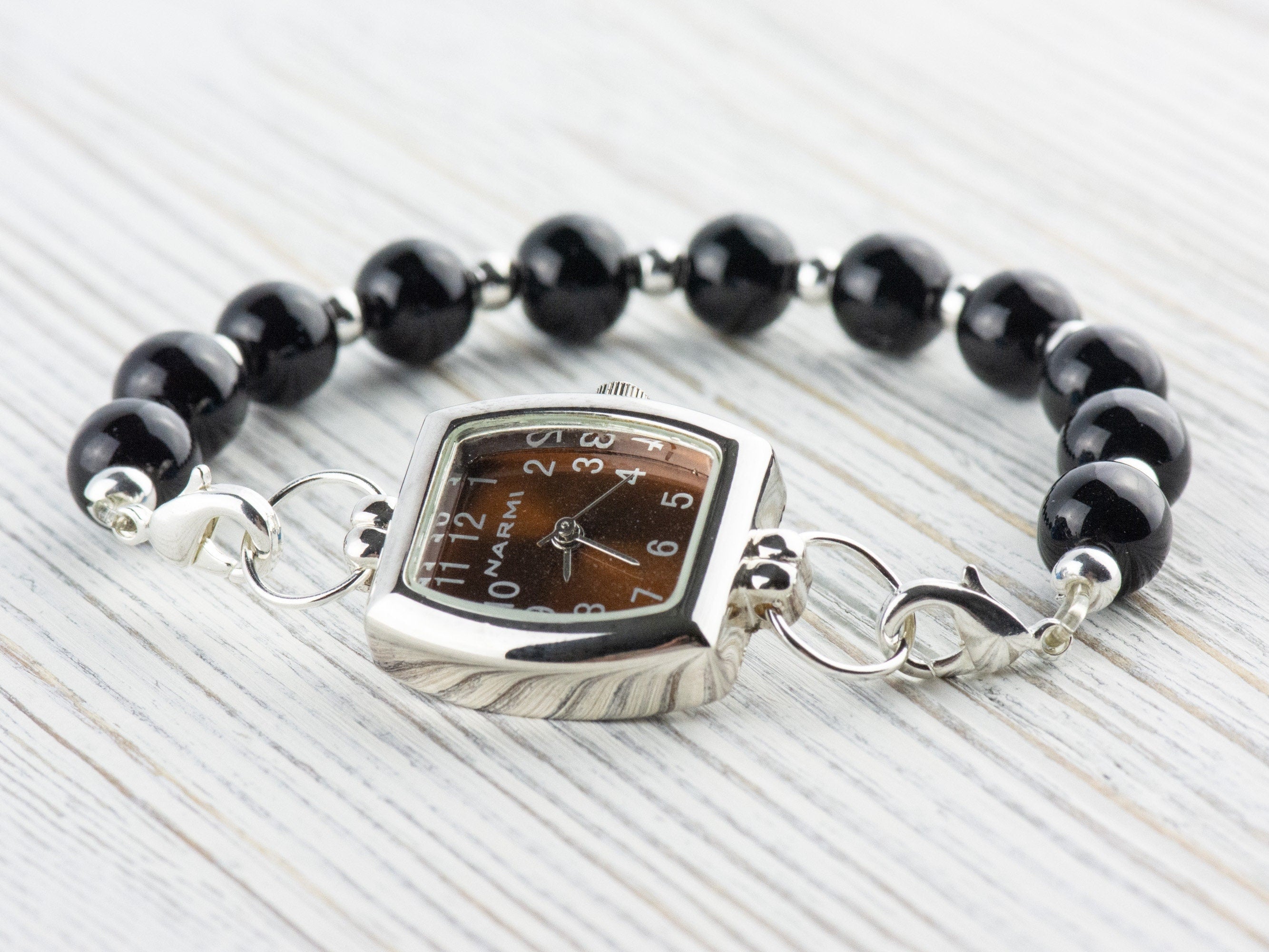 Brown Dial Silvertone Square Rectangle Watch Face • DIY Beading Watch • Jewelry Making • Analog • Loops and Battery Included