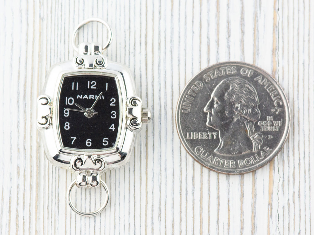 Black Dial Silvertone Square Watch Face • DIY Beading Watch • Jewelry Making • Analog • Loops and Battery Included