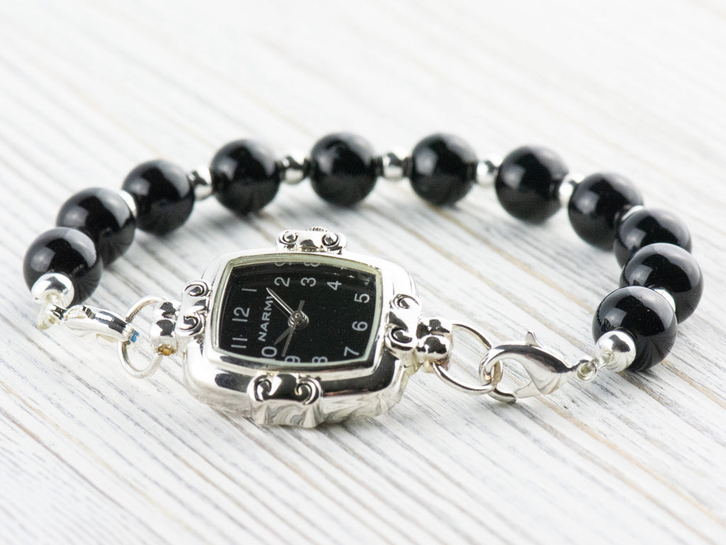 Black Dial Silvertone Square Watch Face • DIY Beading Watch • Jewelry Making • Analog • Loops and Battery Included