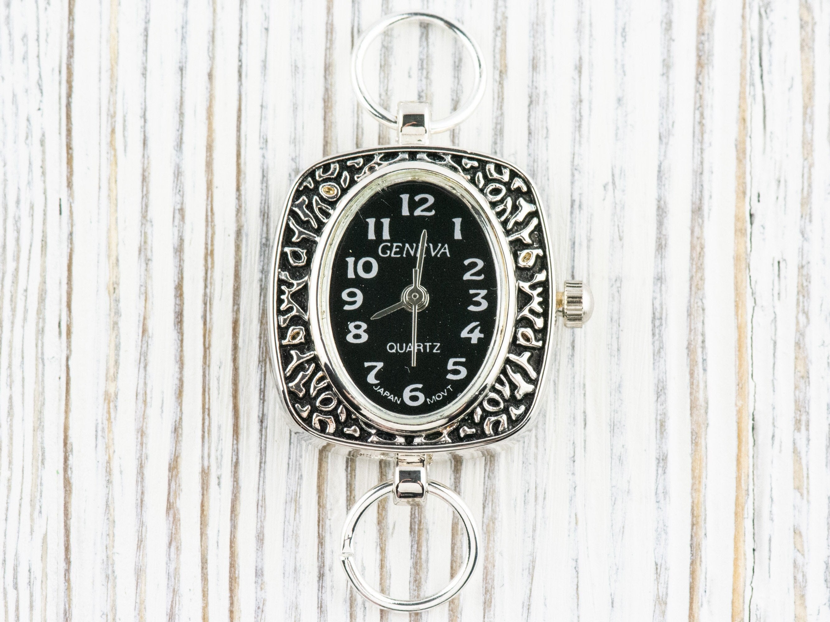 Black Dial Silvertone Oval Display Square Watch Face • DIY Beading Watch • Jewelry Making • Analog • Loops and Battery Included