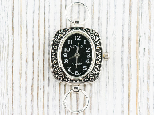 Black Dial Silvertone Oval Display Square Watch Face • DIY Beading Watch • Jewelry Making • Analog • Loops and Battery Included