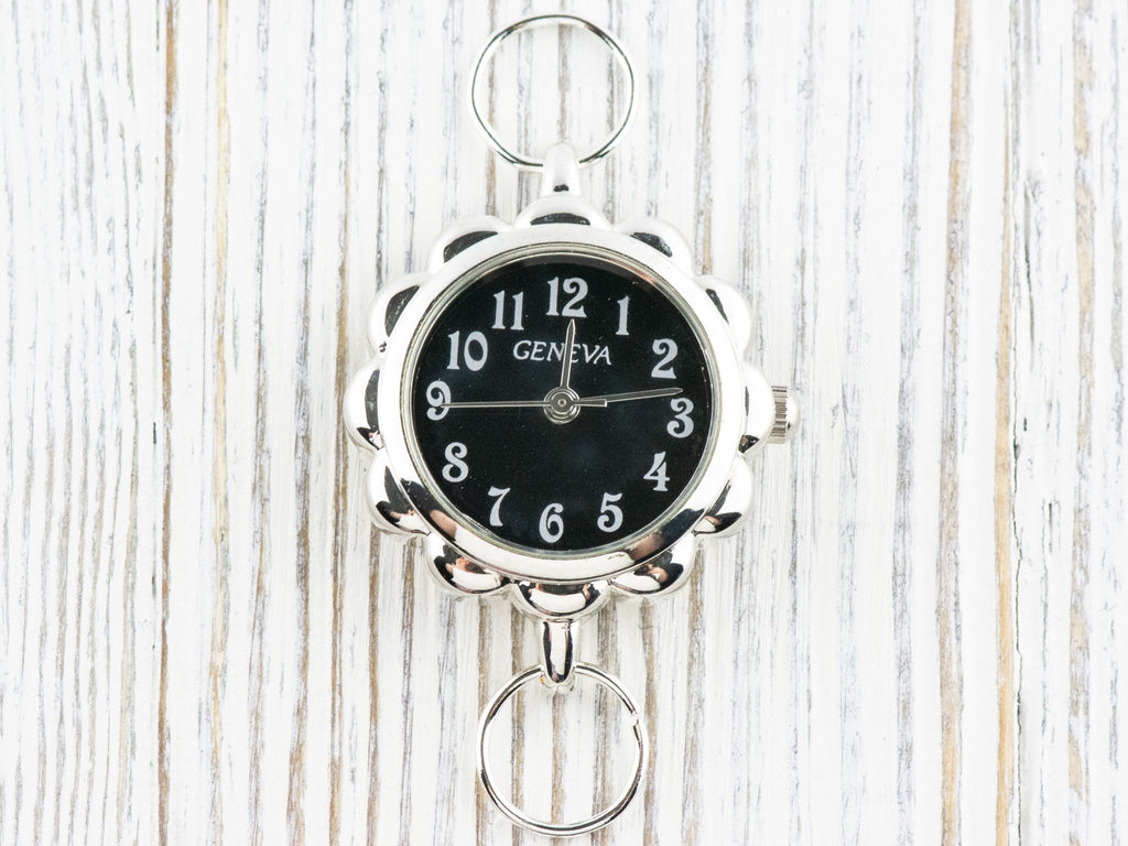 Black Dial Silvertone Flower Watch Face • DIY Beading Watch • Jewelry Making • Analog • Loops and Battery Included