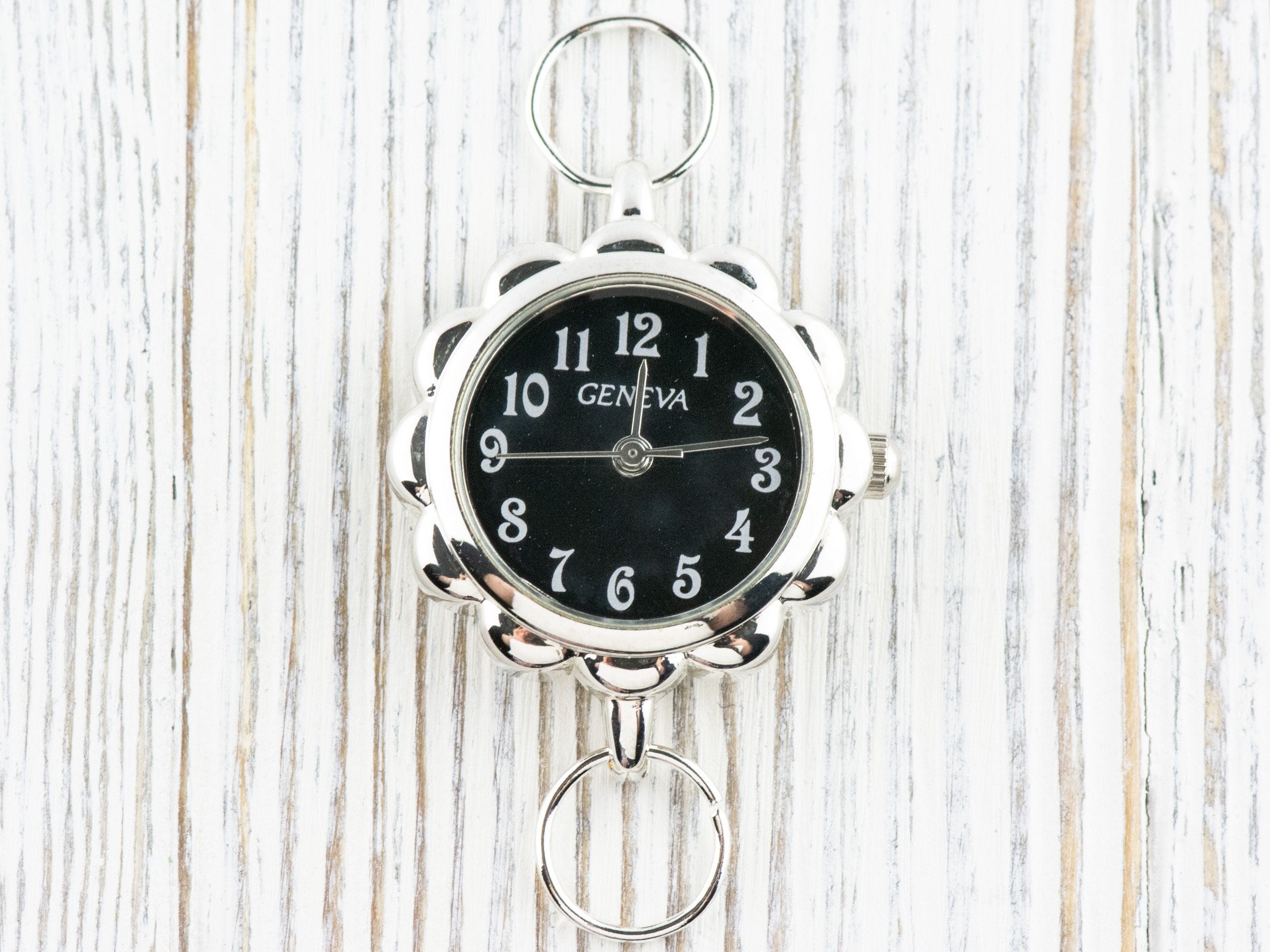 Black Dial Silvertone Flower Watch Face • DIY Beading Watch • Jewelry Making • Analog • Loops and Battery Included