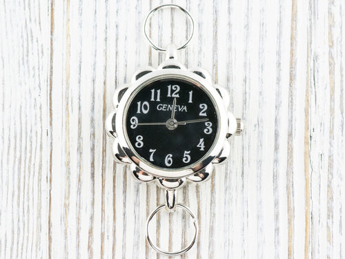 Black Dial Silvertone Flower Watch Face • DIY Beading Watch • Jewelry Making • Analog • Loops and Battery Included