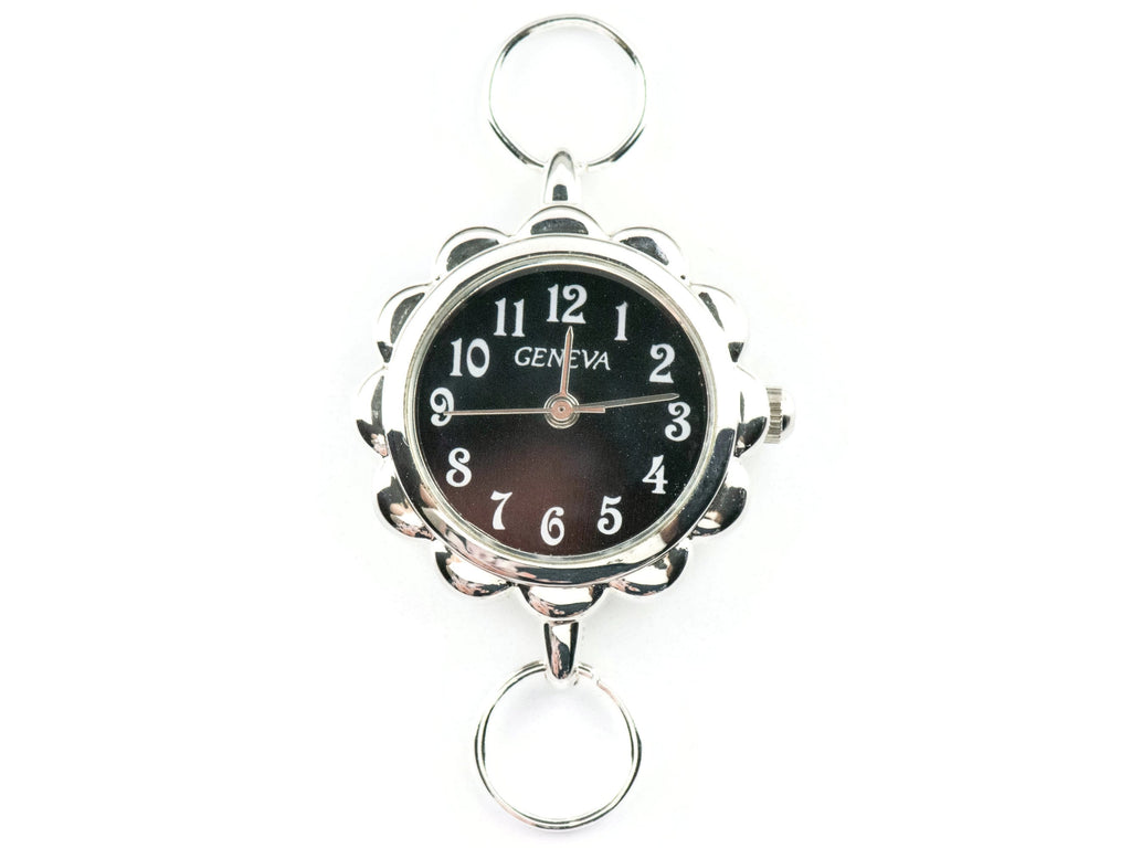 Black Dial Silvertone Flower Watch Face • DIY Beading Watch • Jewelry Making • Analog • Loops and Battery Included