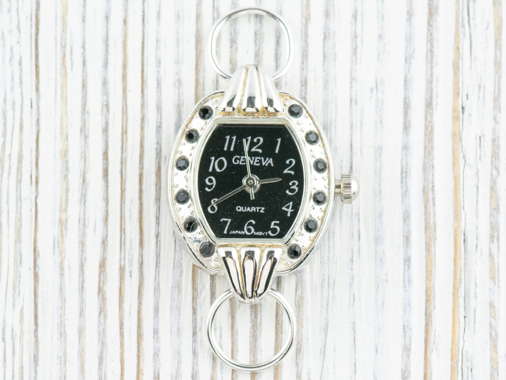 Black Dial Rhinestone-Studded Silvertone Square Watch Face • DIY Beading Watch • Jewelry Making • Analog • Loops and Battery Included