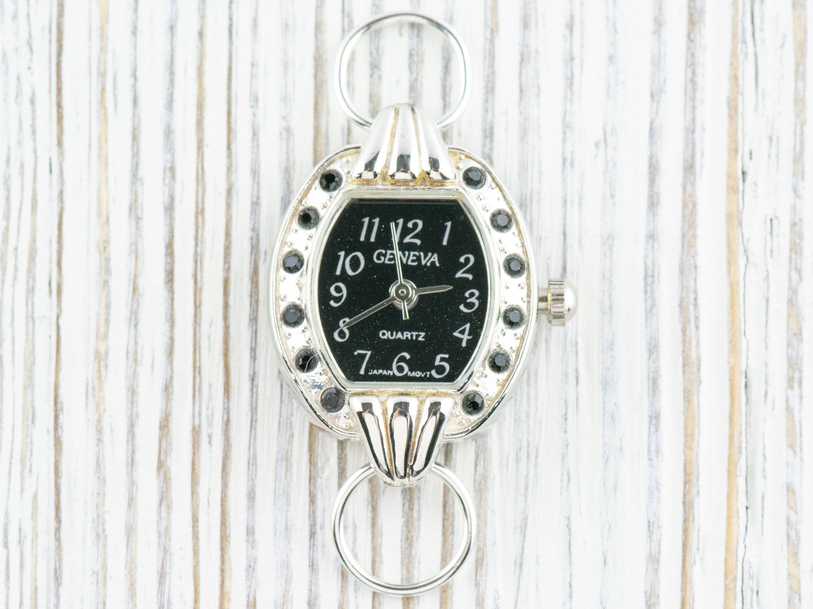 Black Dial Rhinestone-Studded Silvertone Square Watch Face • DIY Beading Watch • Jewelry Making • Analog • Loops and Battery Included