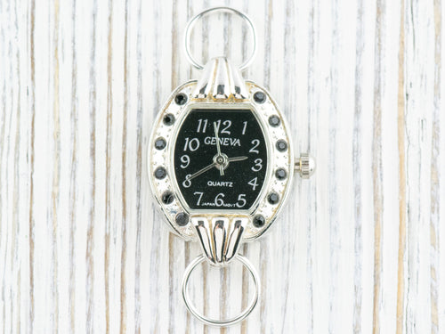 Black Dial Rhinestone-Studded Silvertone Square Watch Face • DIY Beading Watch • Jewelry Making • Analog • Loops and Battery Included
