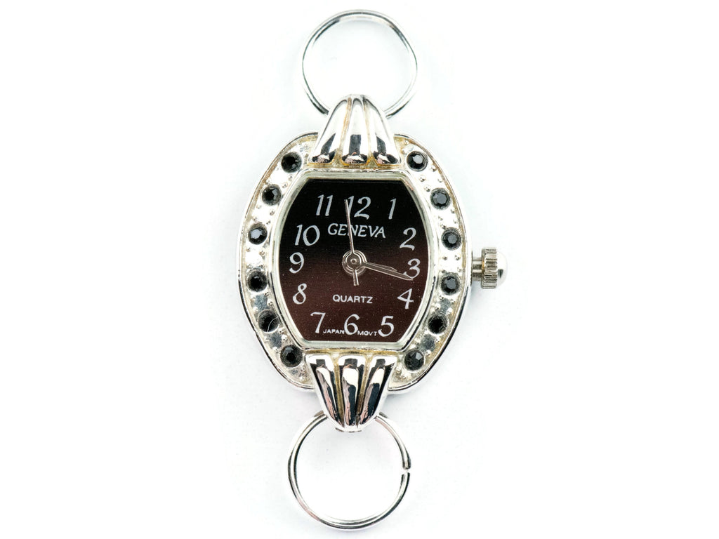 Black Dial Rhinestone-Studded Silvertone Square Watch Face • DIY Beading Watch • Jewelry Making • Analog • Loops and Battery Included
