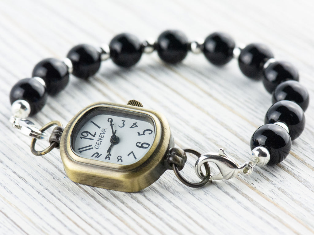 Antique Gold Rectangle Watch Face • White Dial • DIY Beading Watch • Jewelry Making • Analog • Loops and Battery Included