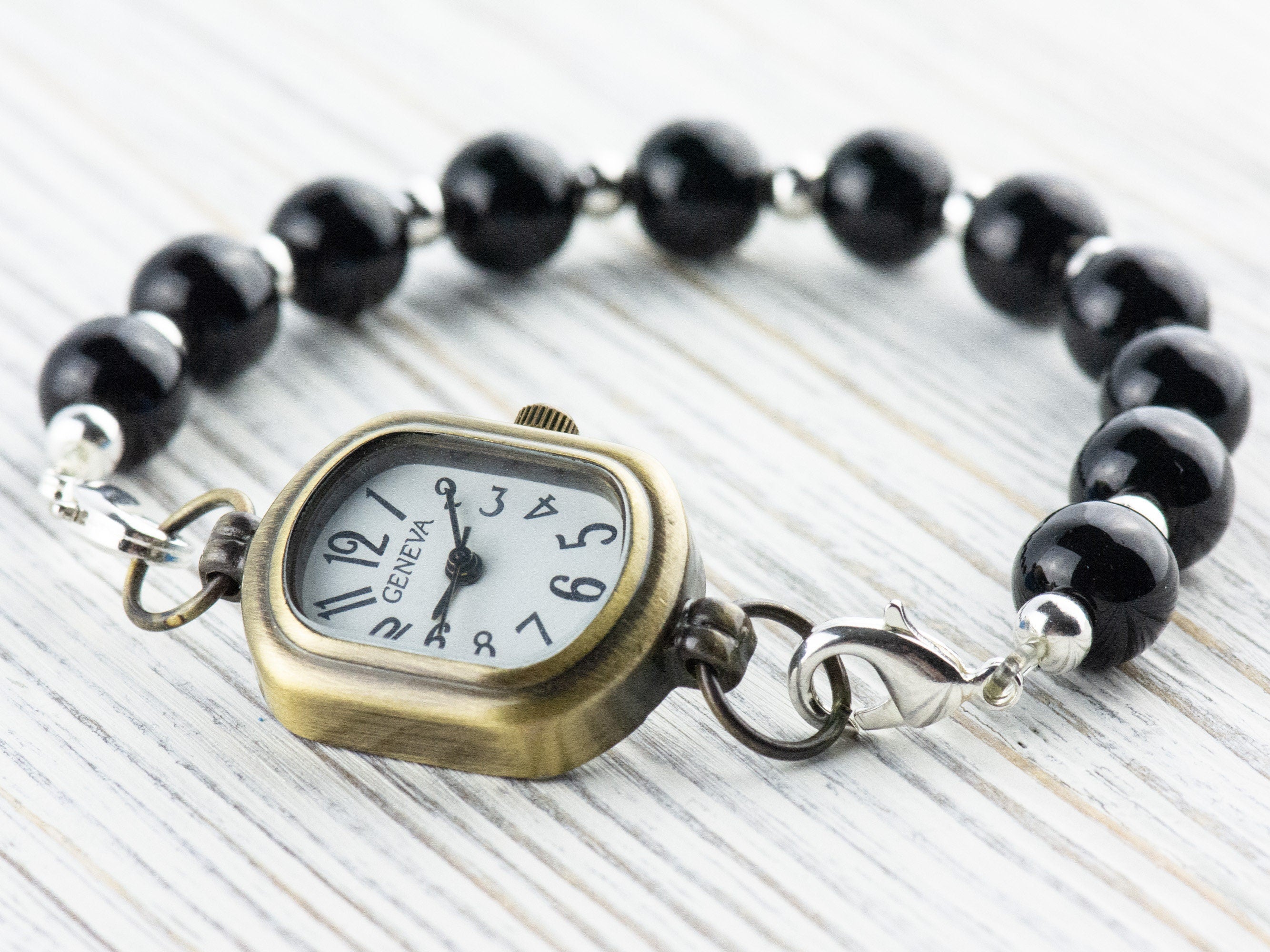 Antique Gold Rectangle Watch Face • White Dial • DIY Beading Watch • Jewelry Making • Analog • Loops and Battery Included