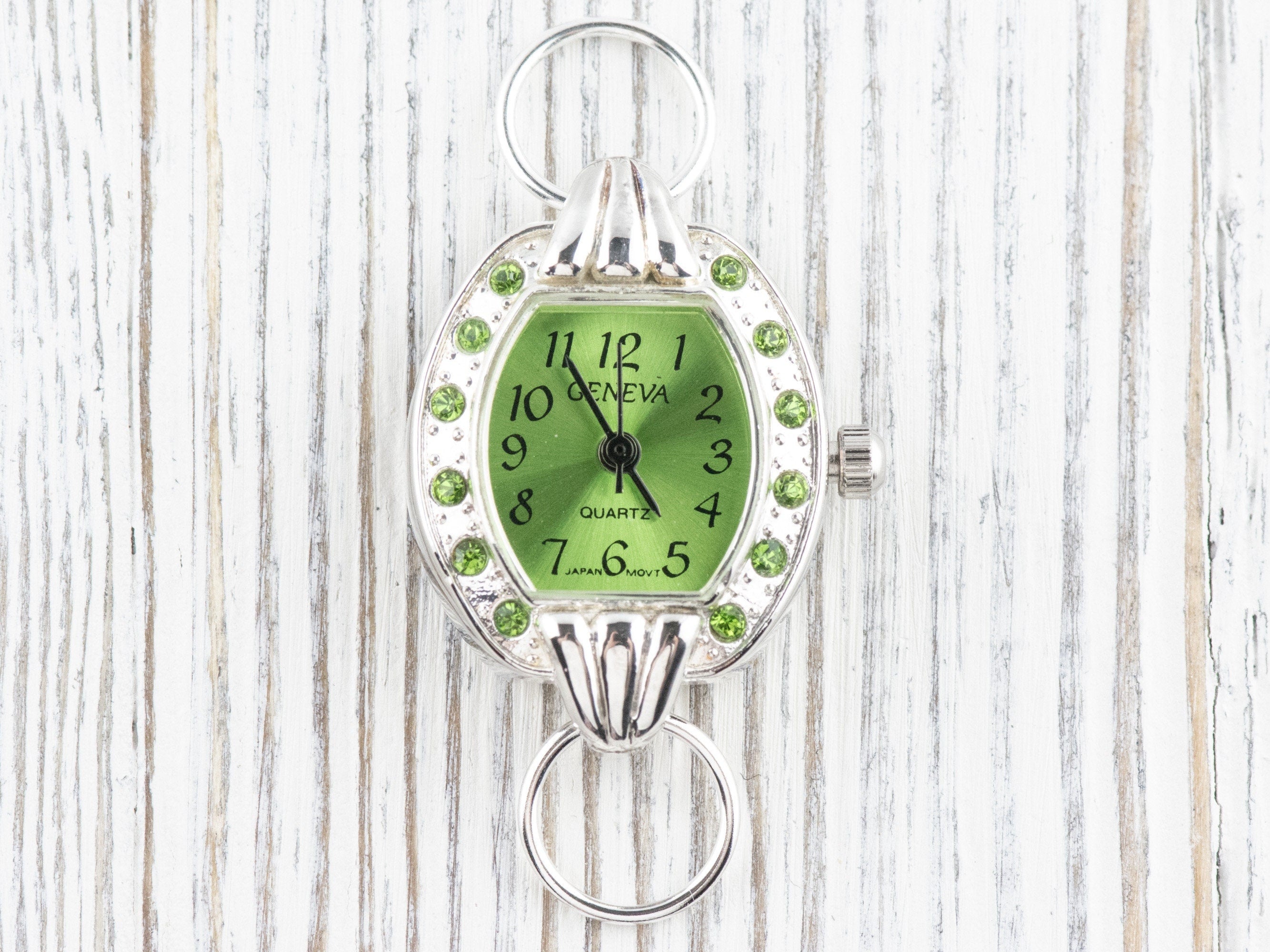 Green Dial Rhinestone-Studded Silvertone Square Watch Face • DIY Beading Watch • Jewelry Making • Analog • Loops and Battery Included