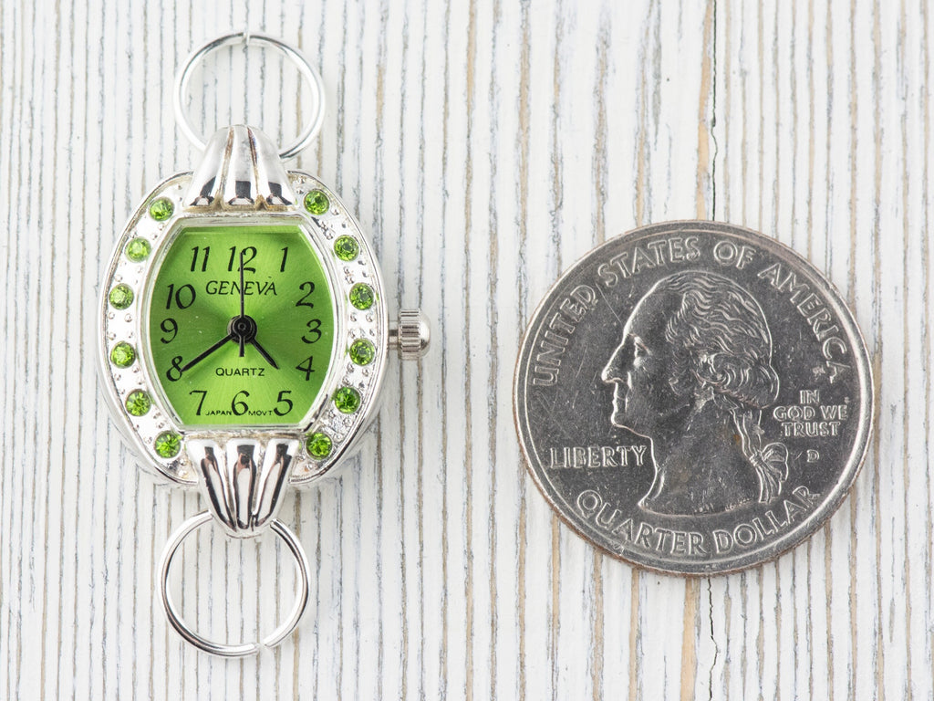 Green Dial Rhinestone-Studded Silvertone Square Watch Face • DIY Beading Watch • Jewelry Making • Analog • Loops and Battery Included