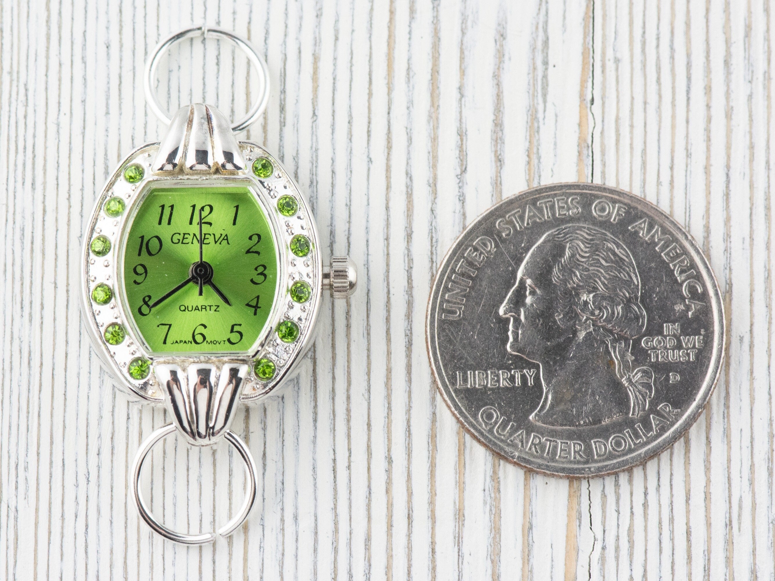 Green Dial Rhinestone-Studded Silvertone Square Watch Face • DIY Beading Watch • Jewelry Making • Analog • Loops and Battery Included