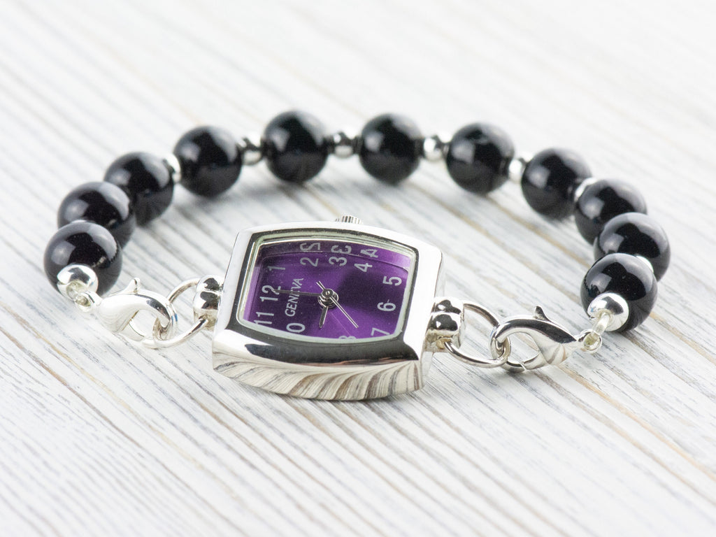 Purple Dial Silvertone Rectangle Watch Face • DIY Beading Watch • Jewelry Making • Analog • Loops and Battery Included