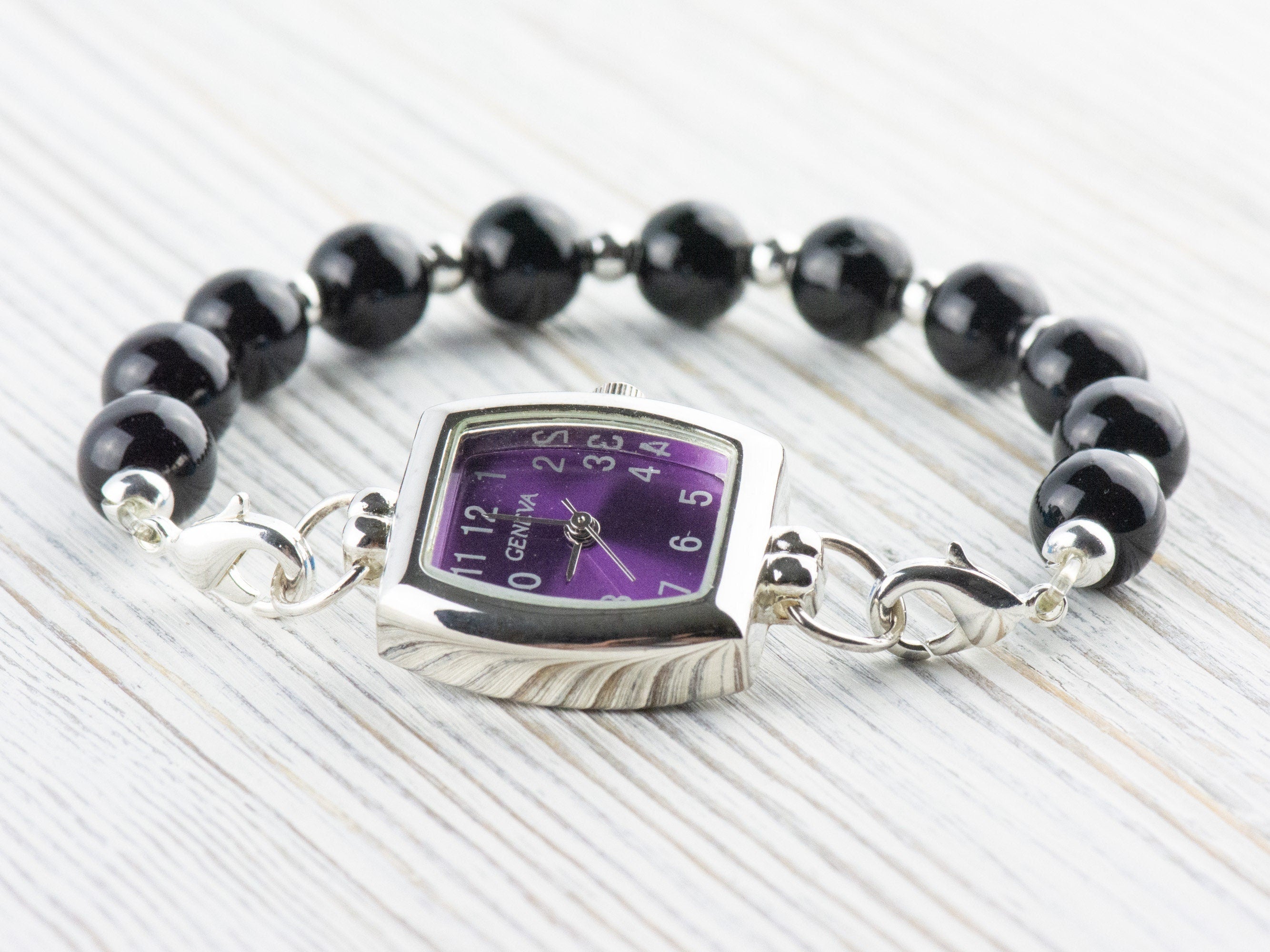 Purple Dial Silvertone Rectangle Watch Face • DIY Beading Watch • Jewelry Making • Analog • Loops and Battery Included
