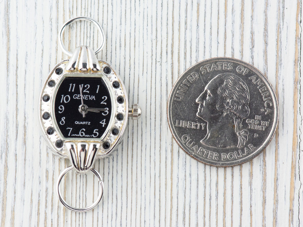 Black Dial Rhinestone-Studded Silvertone Square Watch Face • DIY Beading Watch • Jewelry Making • Analog • Loops and Battery Included
