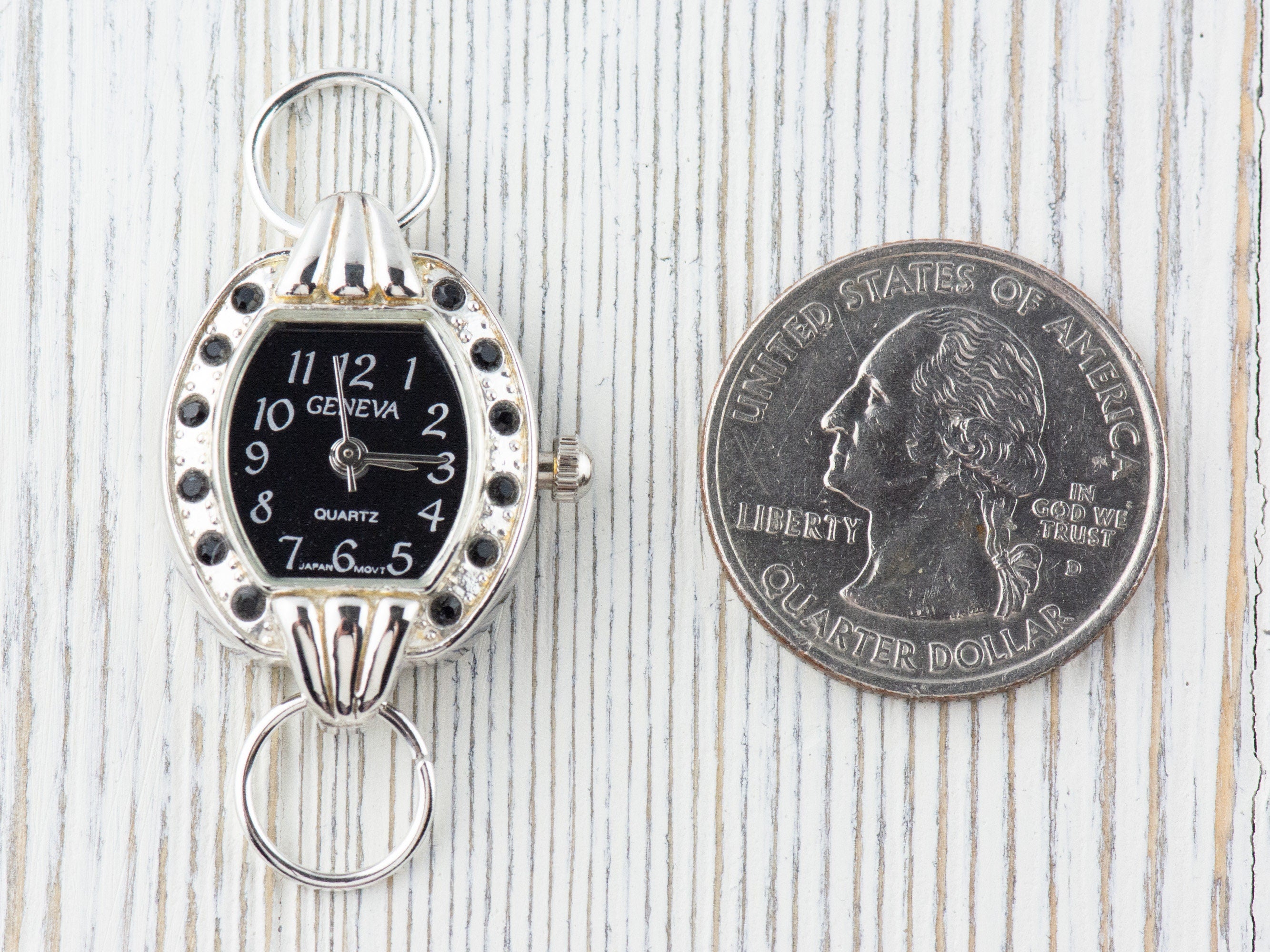 Black Dial Rhinestone-Studded Silvertone Square Watch Face • DIY Beading Watch • Jewelry Making • Analog • Loops and Battery Included