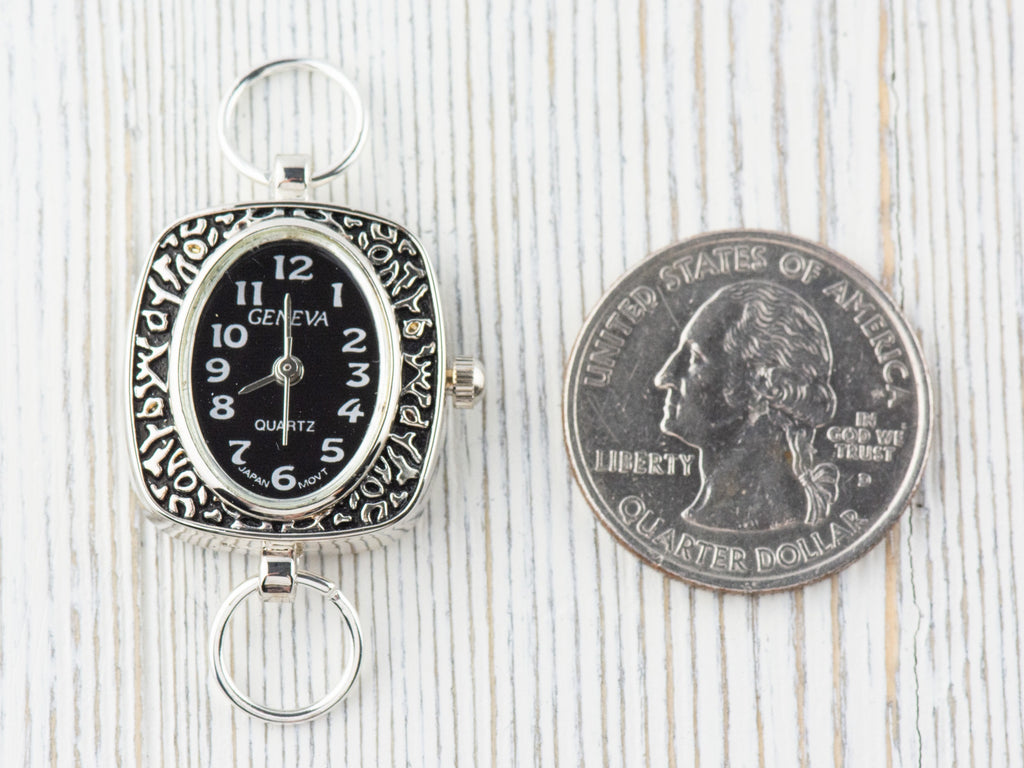 Black Dial Silvertone Oval Display Square Watch Face • DIY Beading Watch • Jewelry Making • Analog • Loops and Battery Included