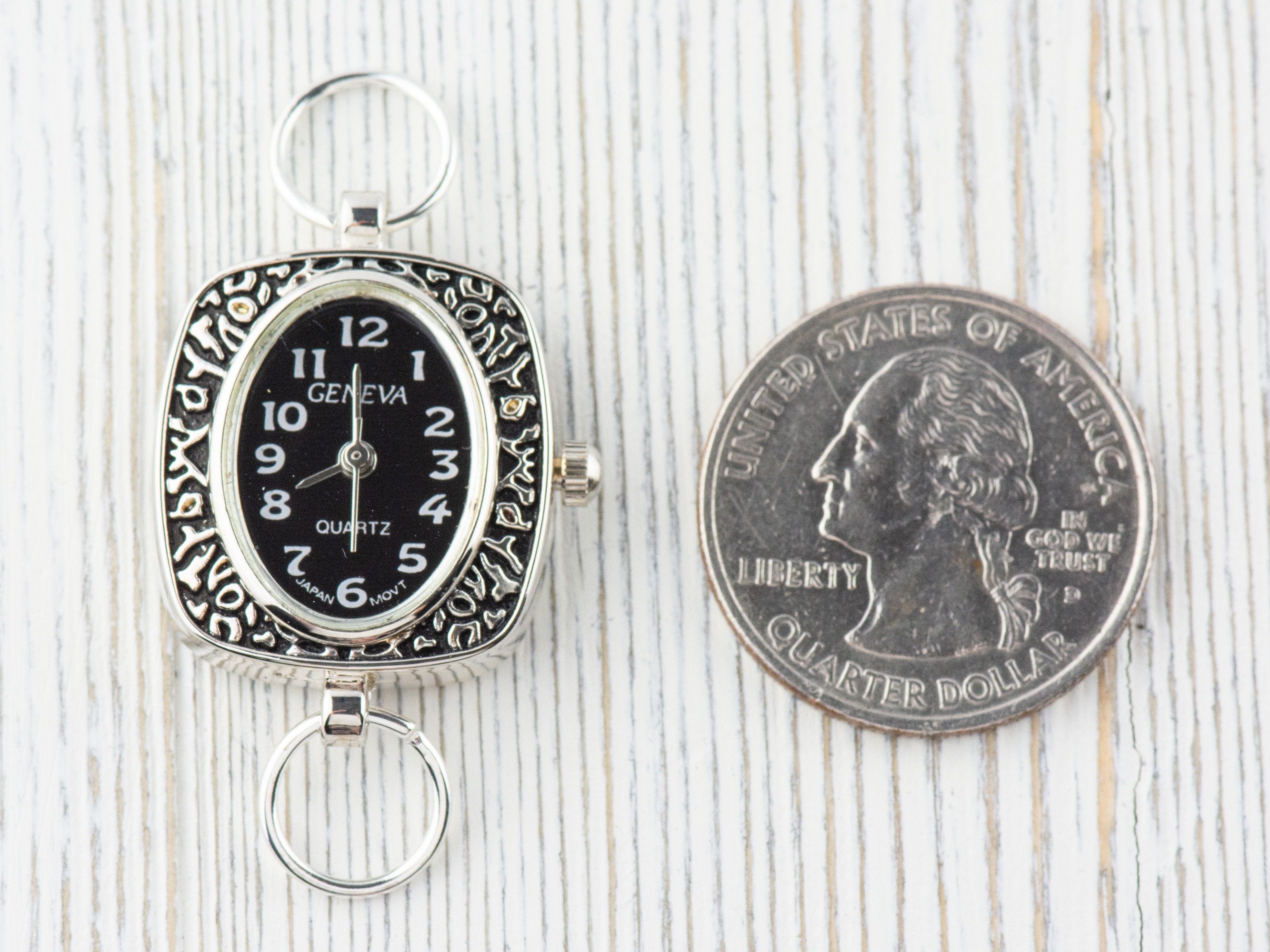 Black Dial Silvertone Oval Display Square Watch Face • DIY Beading Watch • Jewelry Making • Analog • Loops and Battery Included