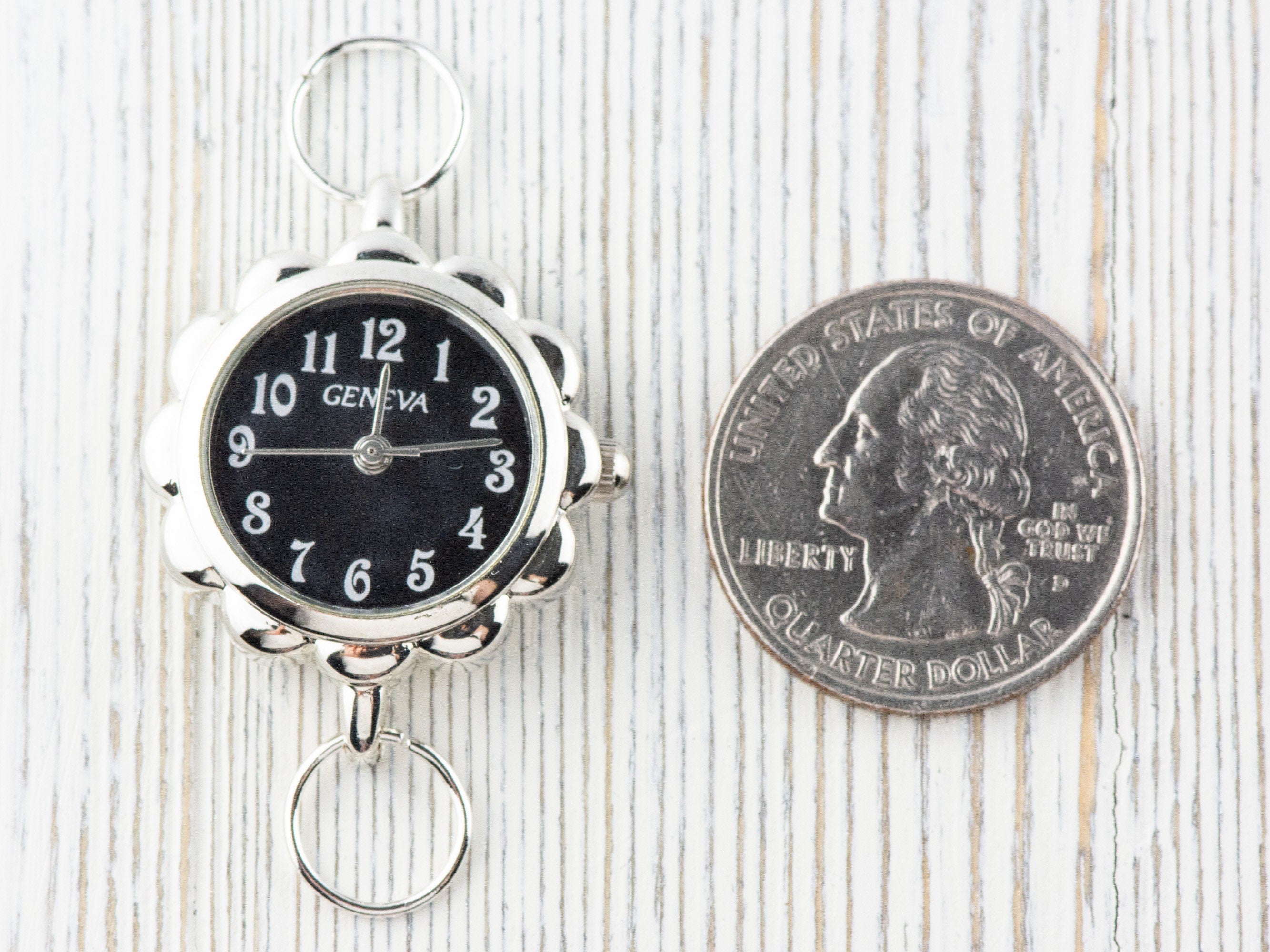 Black Dial Silvertone Flower Watch Face • DIY Beading Watch • Jewelry Making • Analog • Loops and Battery Included