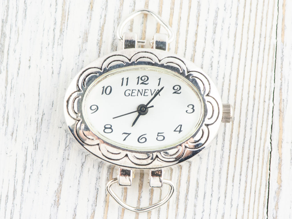White Dial Silvertone Floral Oval Watch Face • DIY Beading Watch • Jewelry Making • Analog • Loops and Battery Included