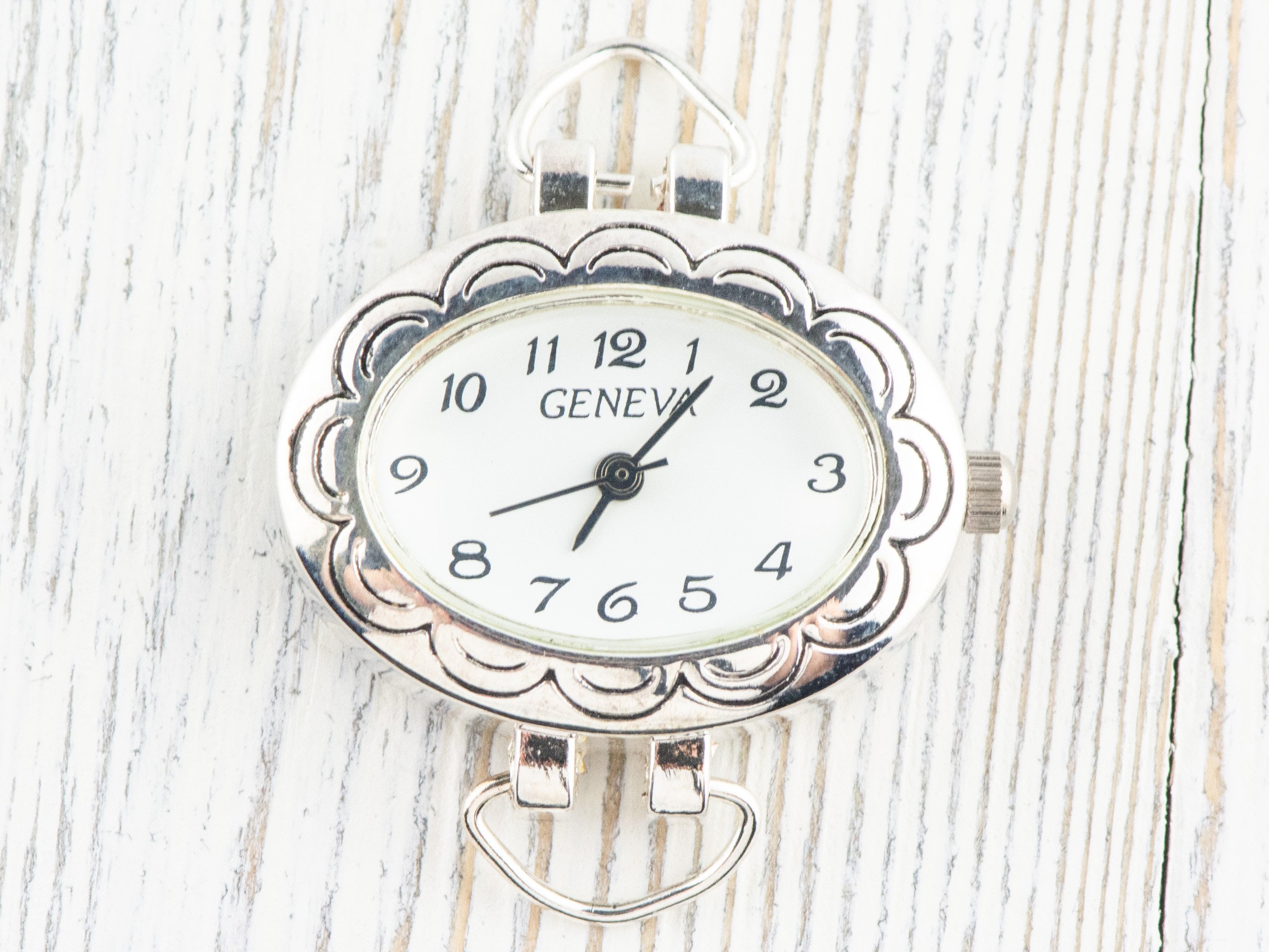 White Dial Silvertone Floral Oval Watch Face • DIY Beading Watch • Jewelry Making • Analog • Loops and Battery Included