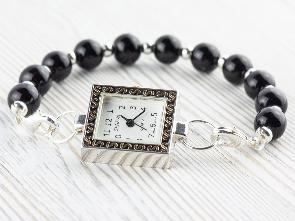 White Dial Two-Tone Square Watch Face • DIY Beading Watch • Jewelry Making • Analog • Loops and Battery Included