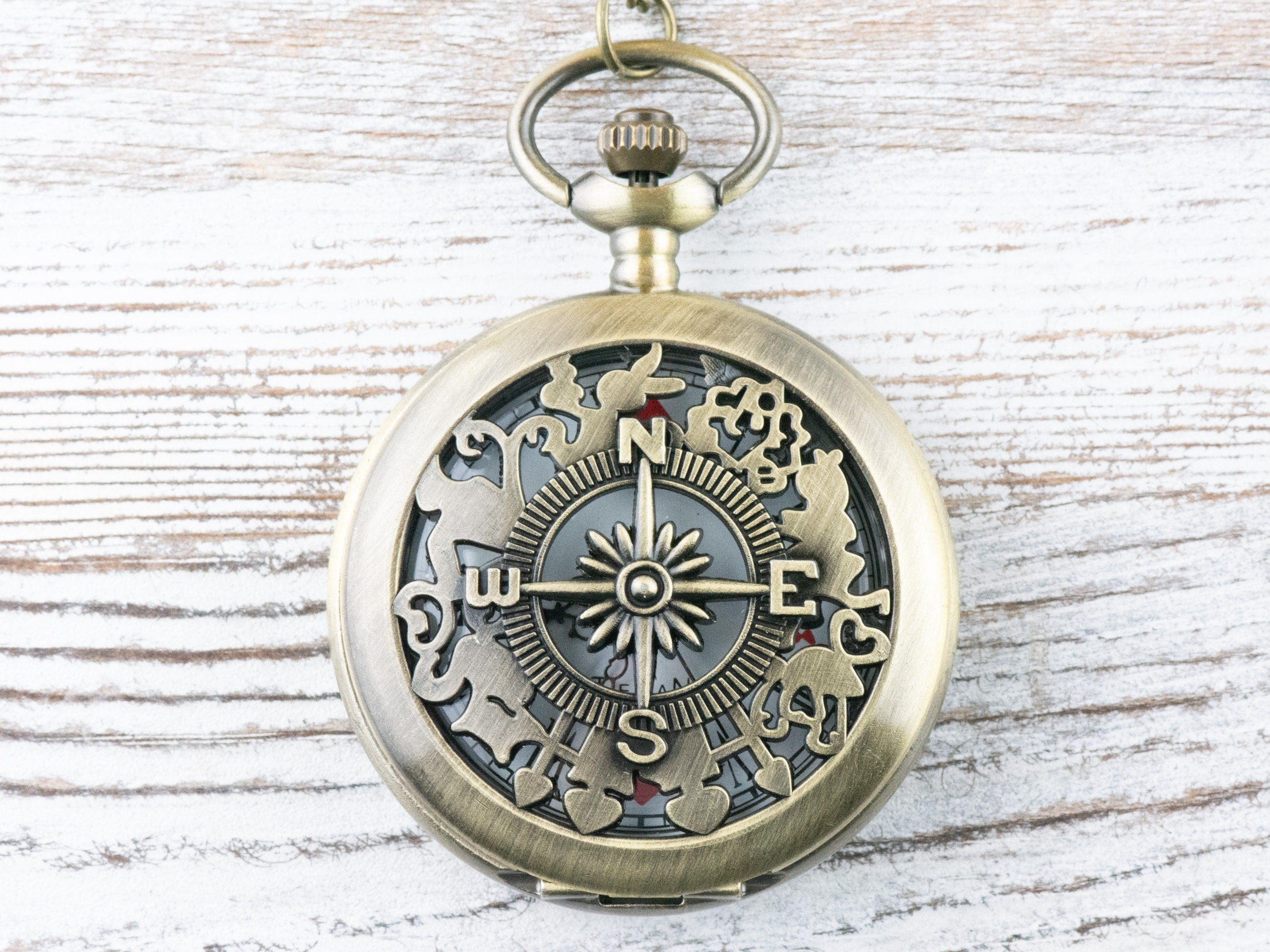 Compass Bronze Pocket Watch Long Necklace / Unique Watches / Nature Inspired Jewelry / Large Pocket Watch