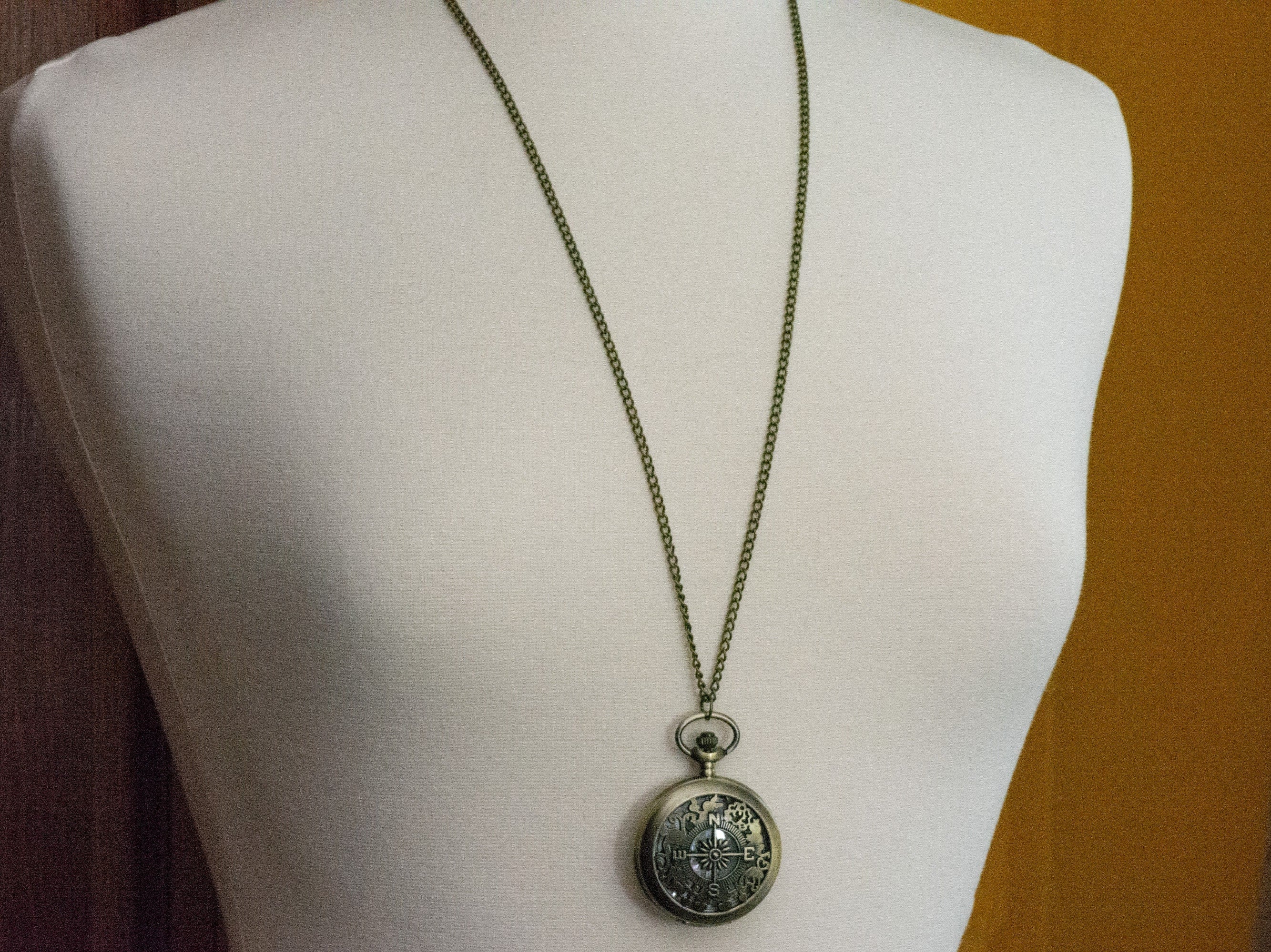 Compass Bronze Pocket Watch Long Necklace / Unique Watches / Nature Inspired Jewelry / Large Pocket Watch