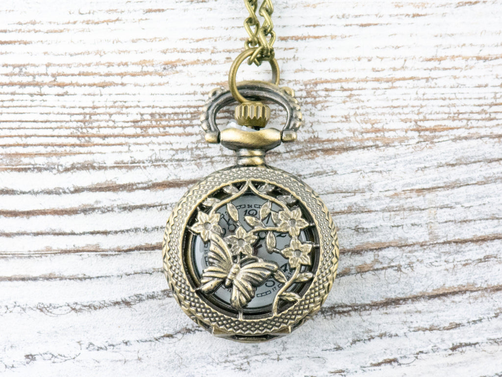 Floral Butterfly Bronze Pocket Watch Long Necklace / Unique Watches / Nature Inspired Jewelry