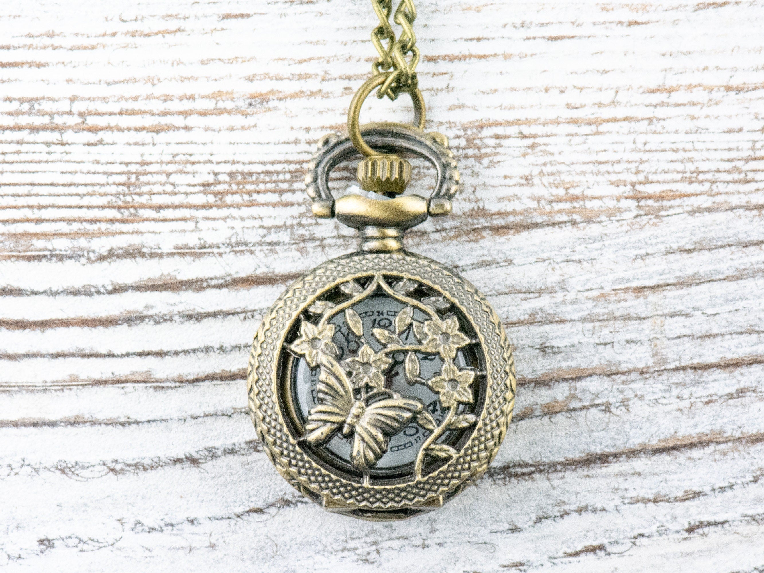 Floral Butterfly Bronze Pocket Watch Long Necklace / Unique Watches / Nature Inspired Jewelry