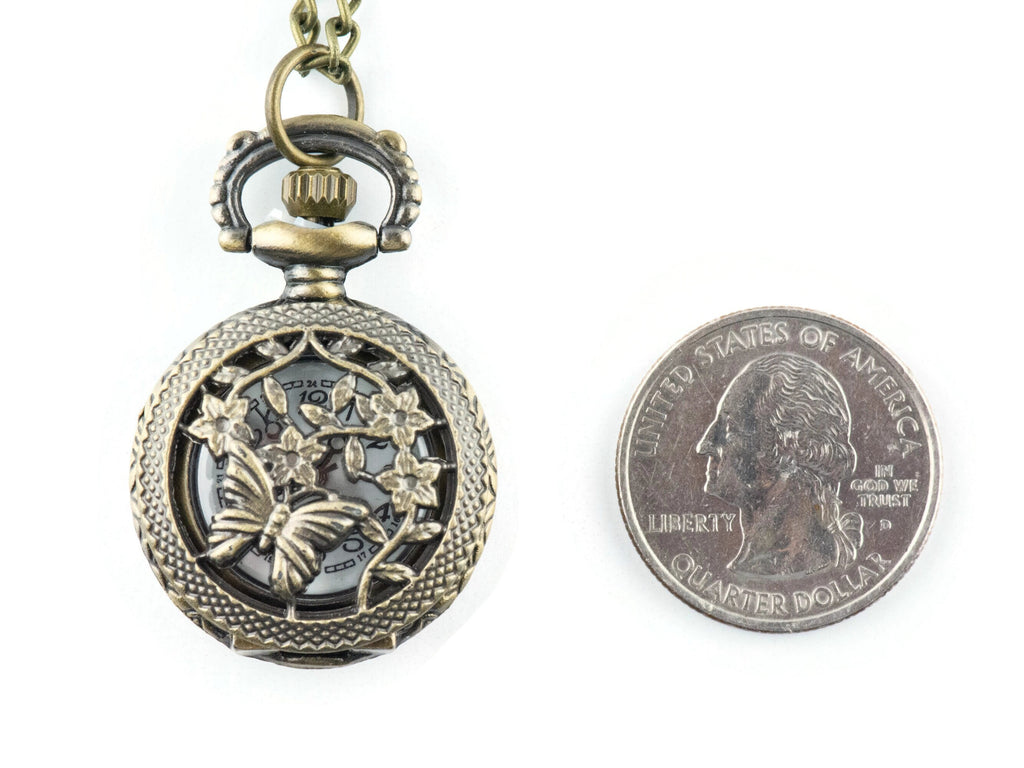 Floral Butterfly Bronze Pocket Watch Long Necklace / Unique Watches / Nature Inspired Jewelry