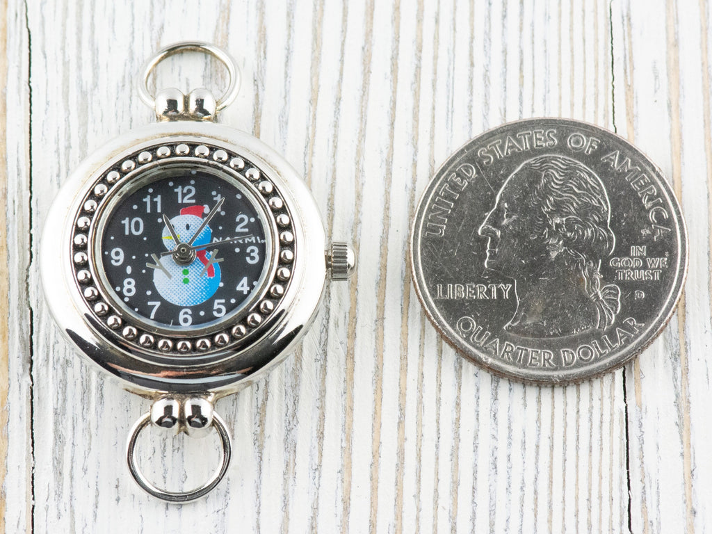 Watch Face, White Snowman, Round Silvertone, Black Face, Christmas Watch Face
