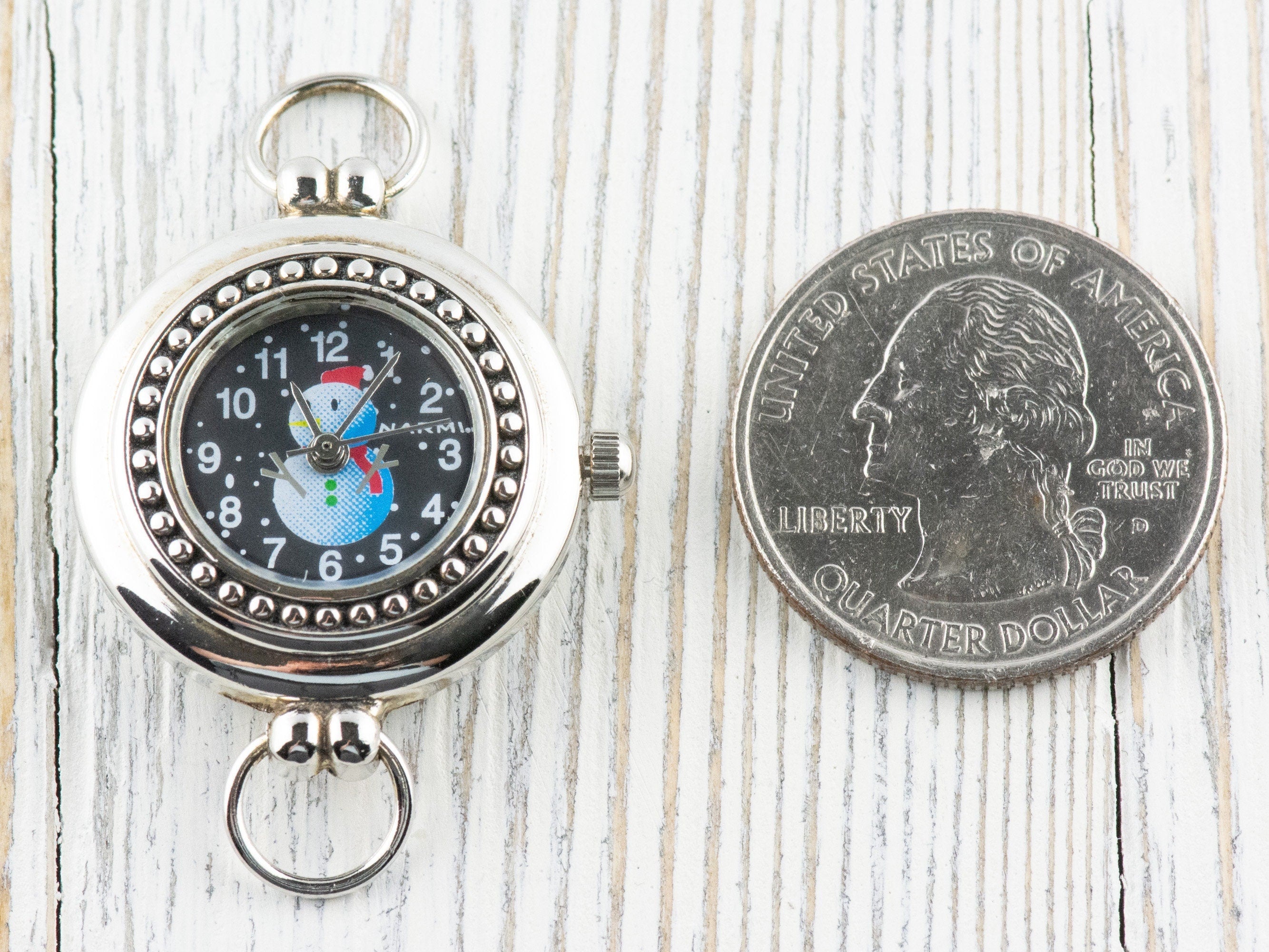 Watch Face, White Snowman, Round Silvertone, Black Face, Christmas Watch Face