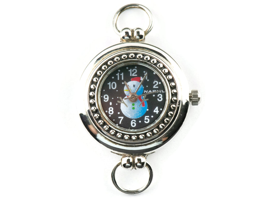 Watch Face, White Snowman, Round Silvertone, Black Face, Christmas Watch Face