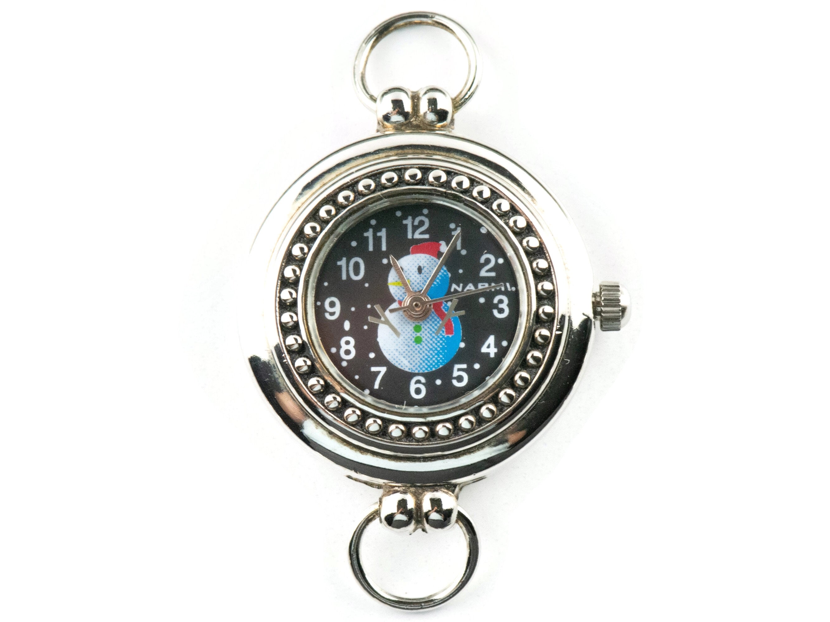Watch Face, White Snowman, Round Silvertone, Black Face, Christmas Watch Face
