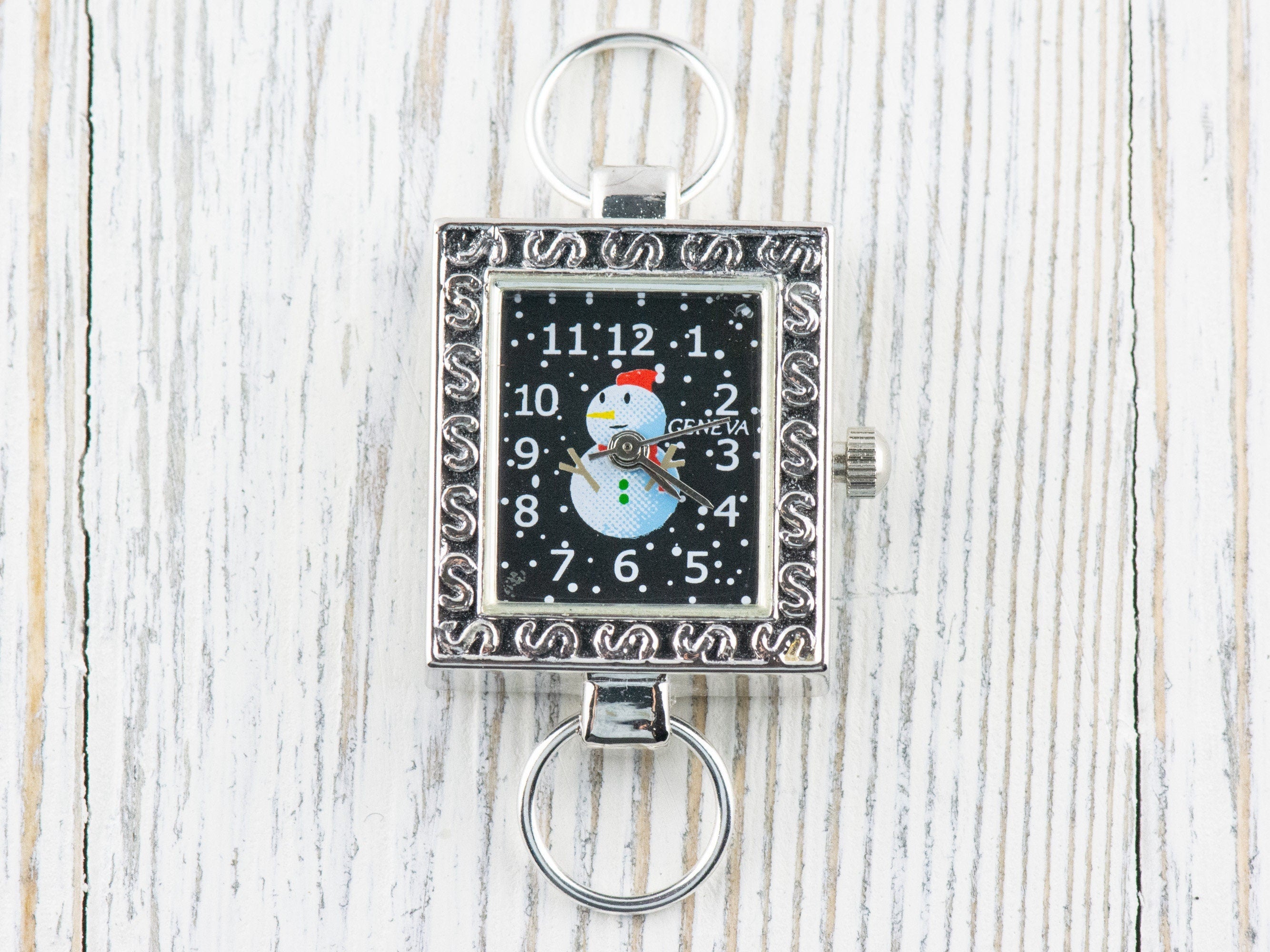 Snowman Watch Face | Winter Watch Face | Black Watch Face | Wrist Watch Face | Beading Watch Face | Women's Silver Watch Face
