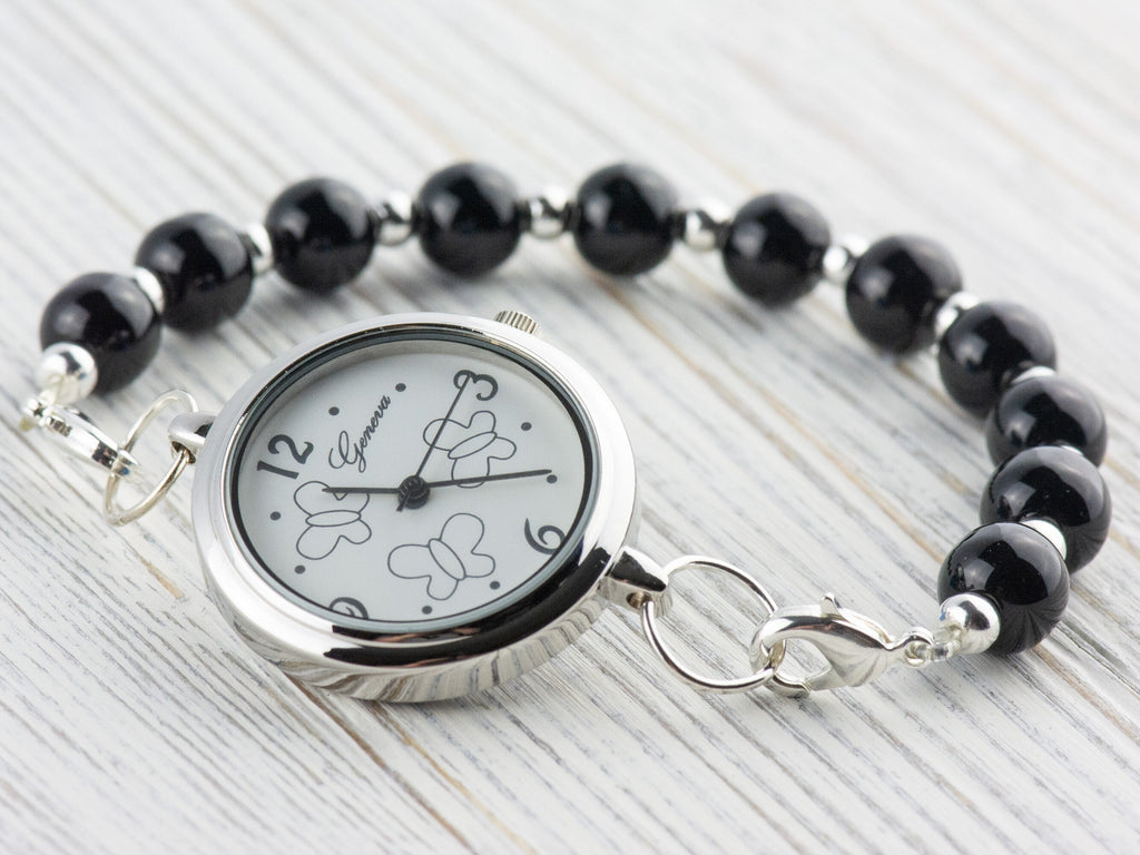Butterfly Silvertone Round Watch Face • White Dial • DIY Beading Watch • Jewelry Making • Analog • Loops and Battery Included
