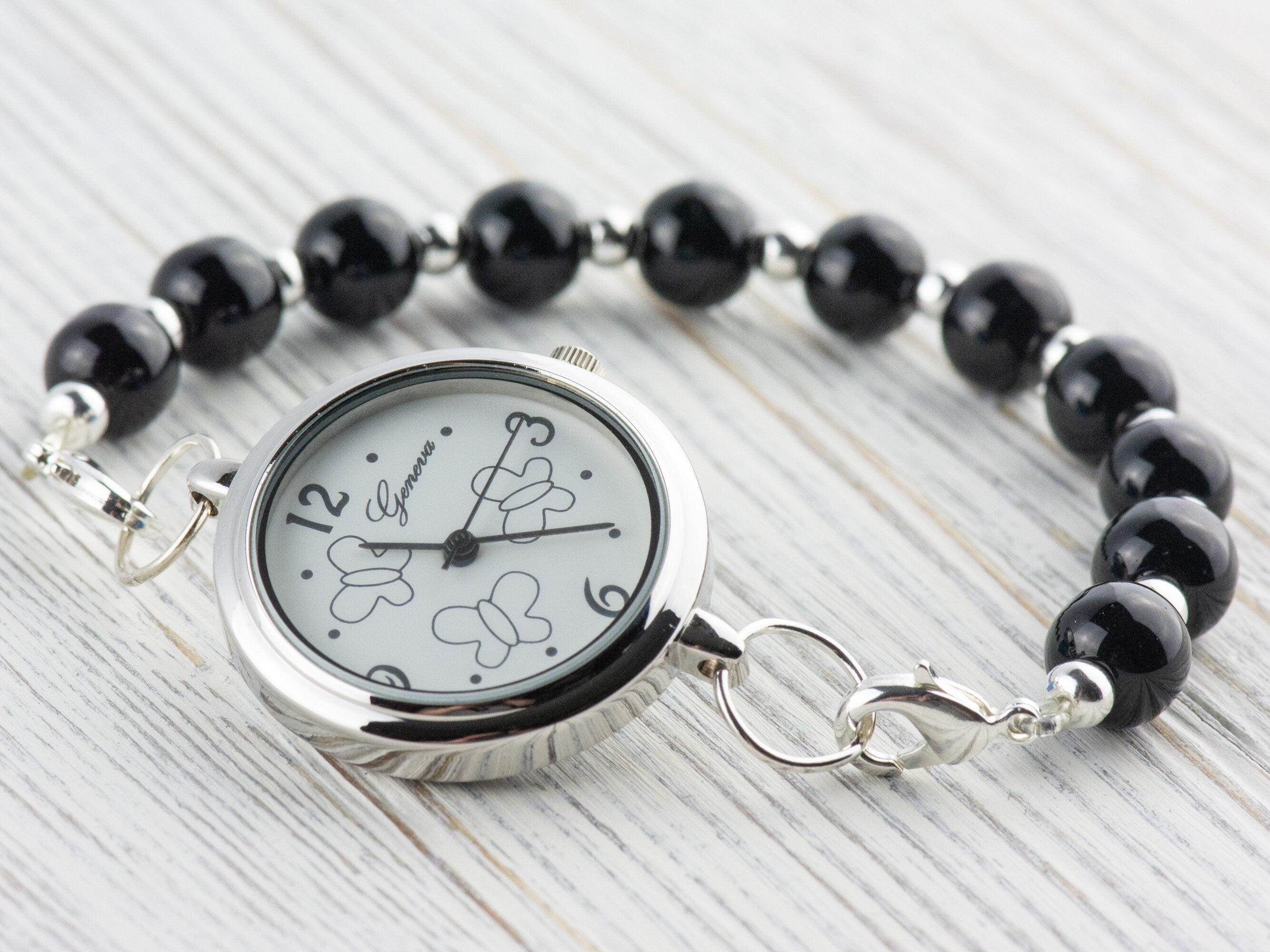 Butterfly Silvertone Round Watch Face • White Dial • DIY Beading Watch • Jewelry Making • Analog • Loops and Battery Included