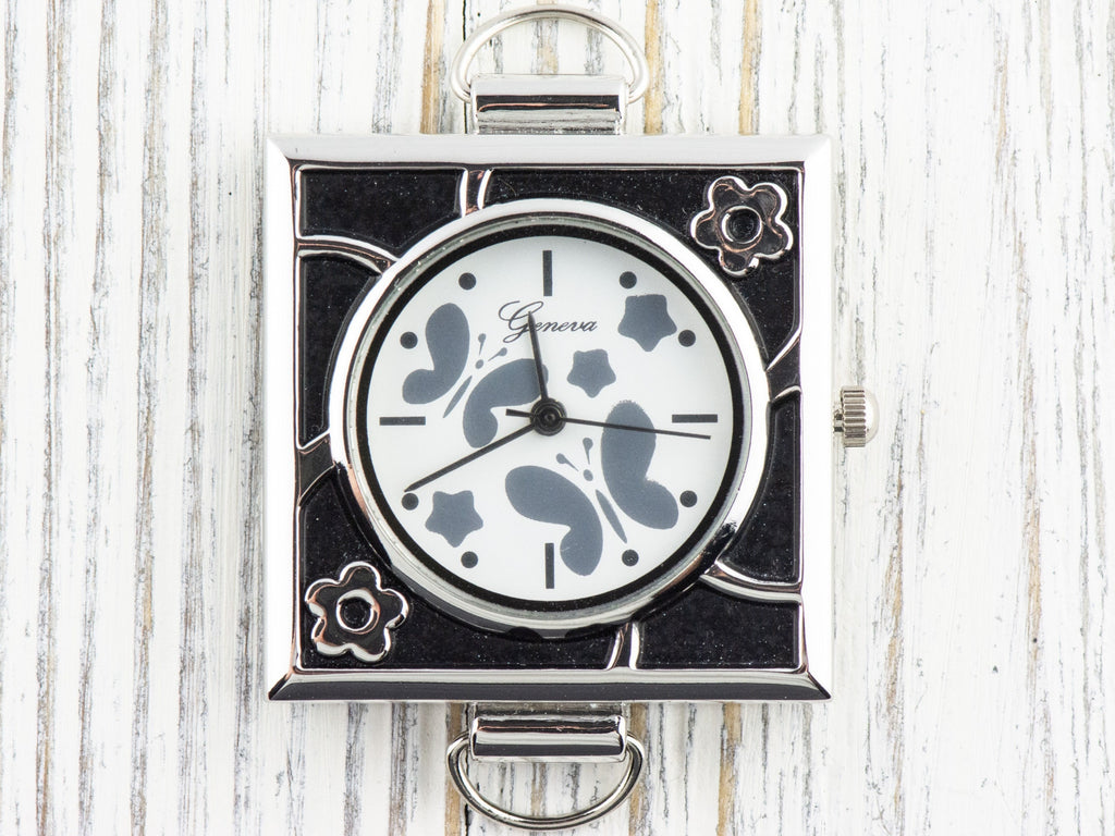 Butterfly Silvertone Round Display Square Watch Face • DIY Beading Watch • Jewelry Making • Analog • Loops and Battery Included