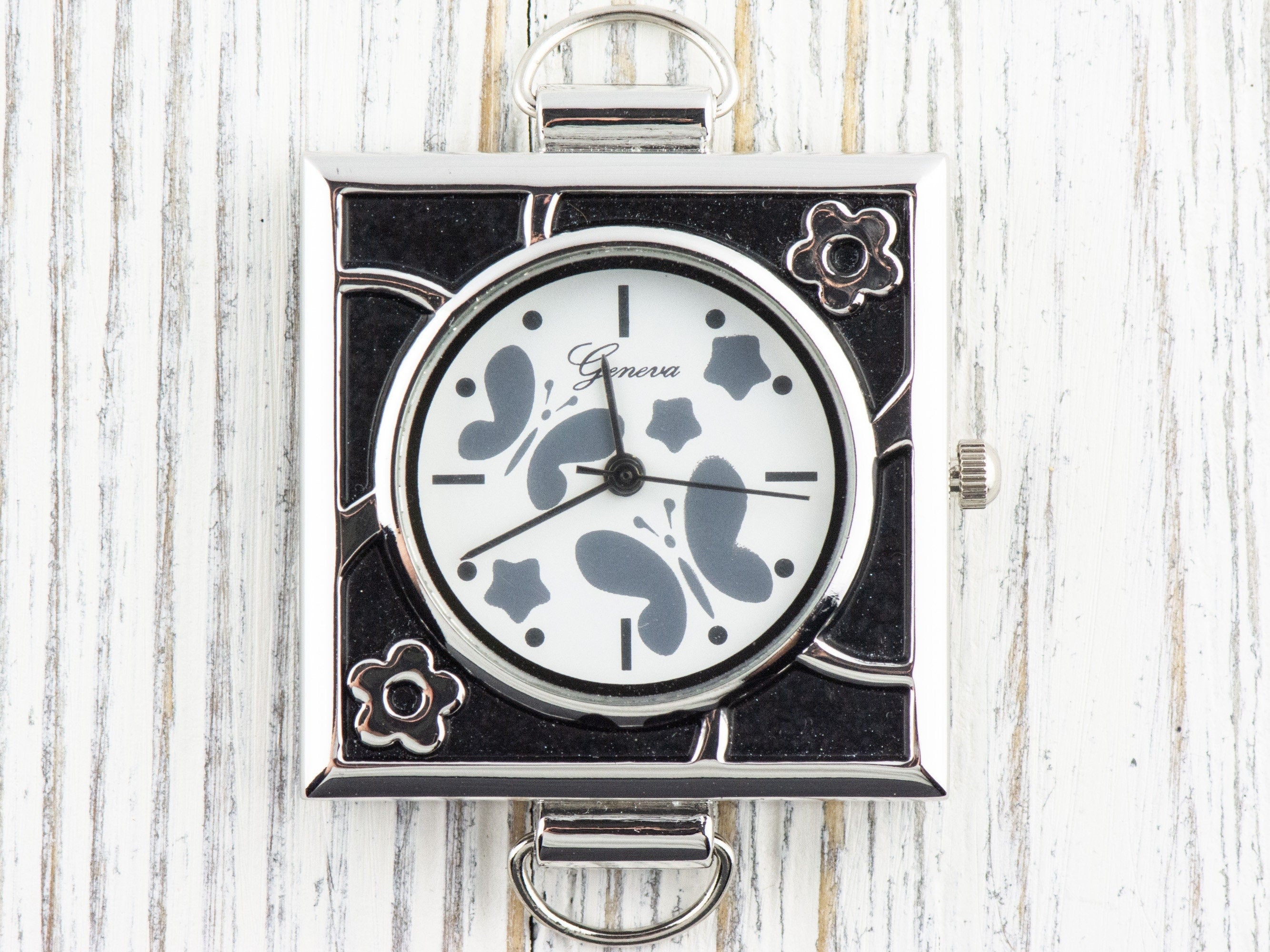 Butterfly Silvertone Round Display Square Watch Face • DIY Beading Watch • Jewelry Making • Analog • Loops and Battery Included