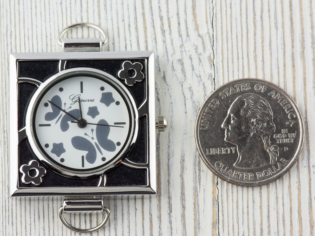 Butterfly Silvertone Round Display Square Watch Face • DIY Beading Watch • Jewelry Making • Analog • Loops and Battery Included