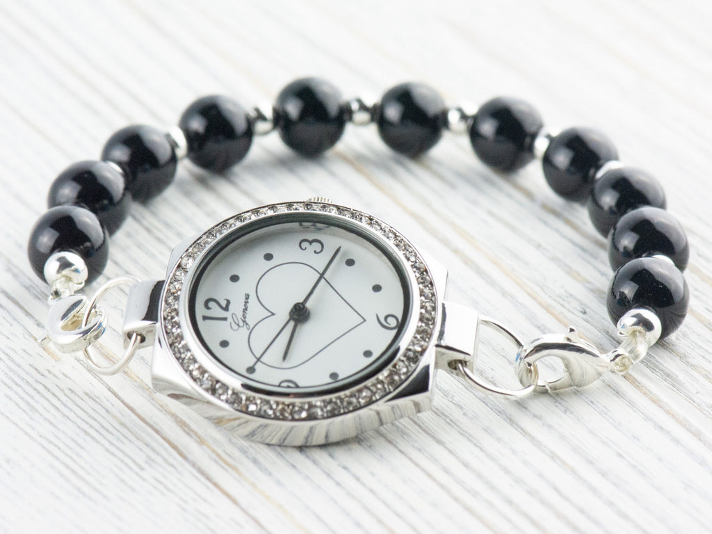 Heart-Outline Rhinestone-Studded Silvertone Round Watch Face • DIY Beading Watch • Jewelry Making • Analog • Loops and Battery Included