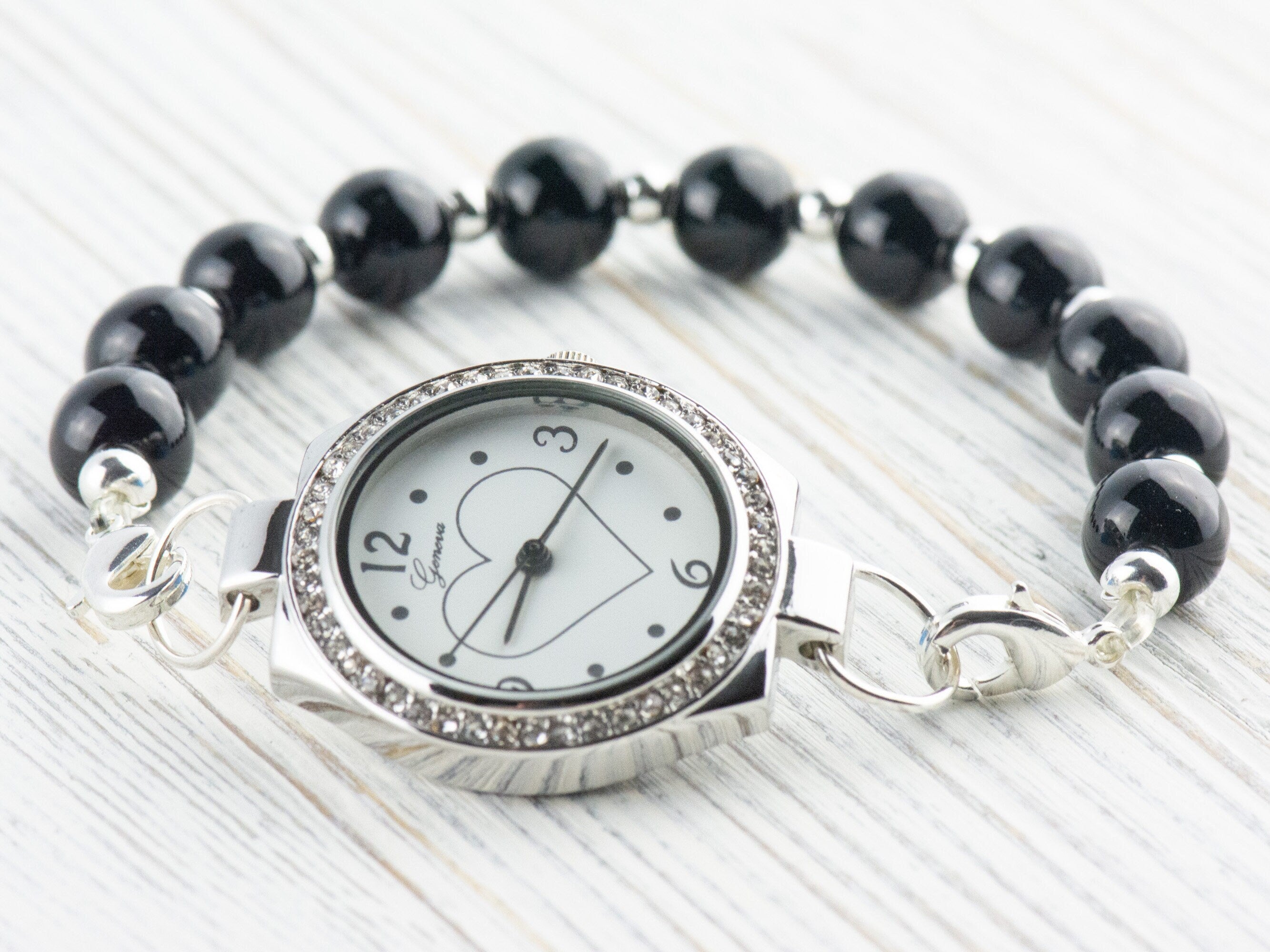 Heart-Outline Rhinestone-Studded Silvertone Round Watch Face • DIY Beading Watch • Jewelry Making • Analog • Loops and Battery Included