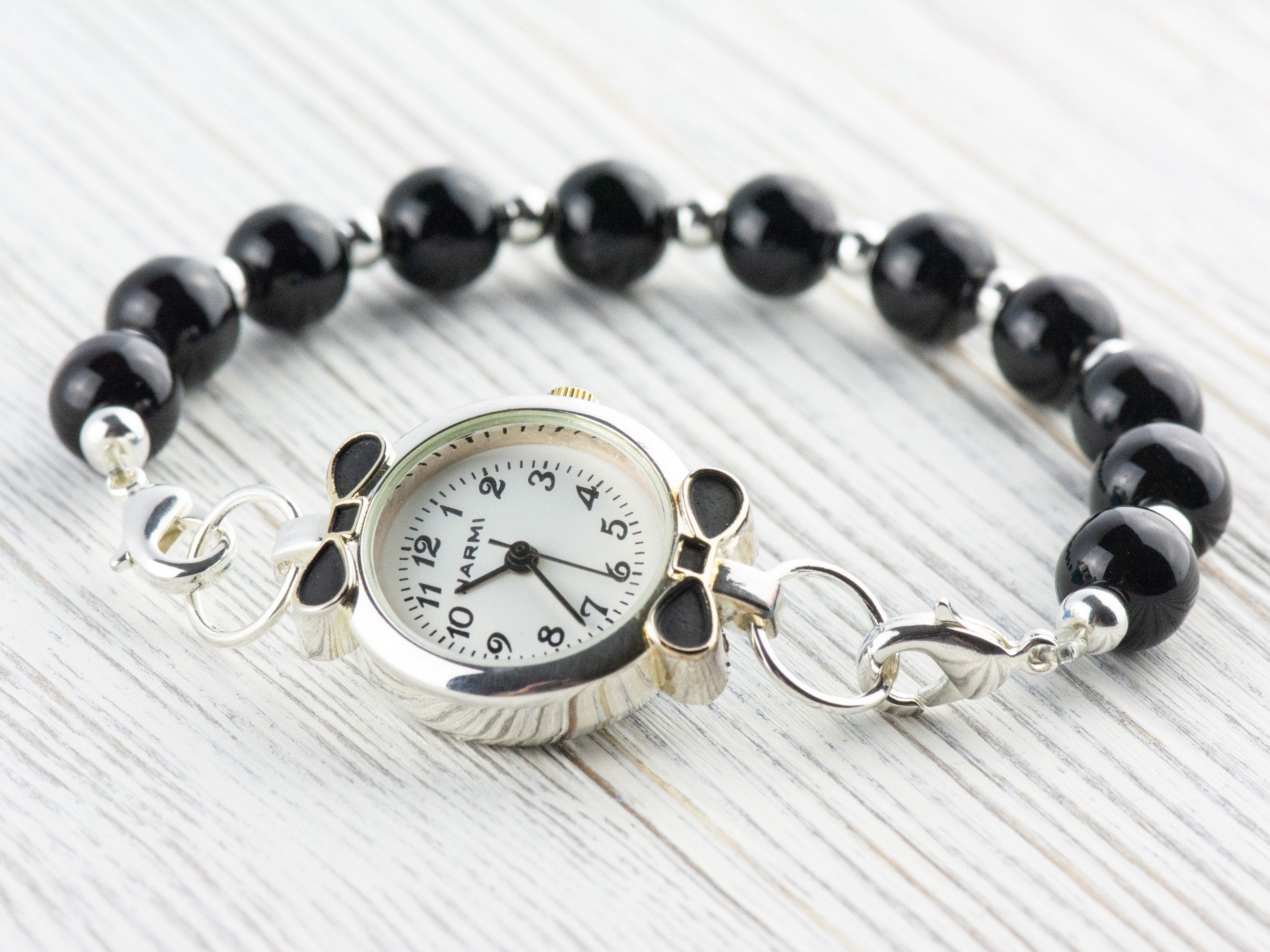 Black Bow Tie Two-Tone Round Watch Face • White Dial • DIY Beading Watch • Jewelry Making • Analog • Loops and Battery Included
