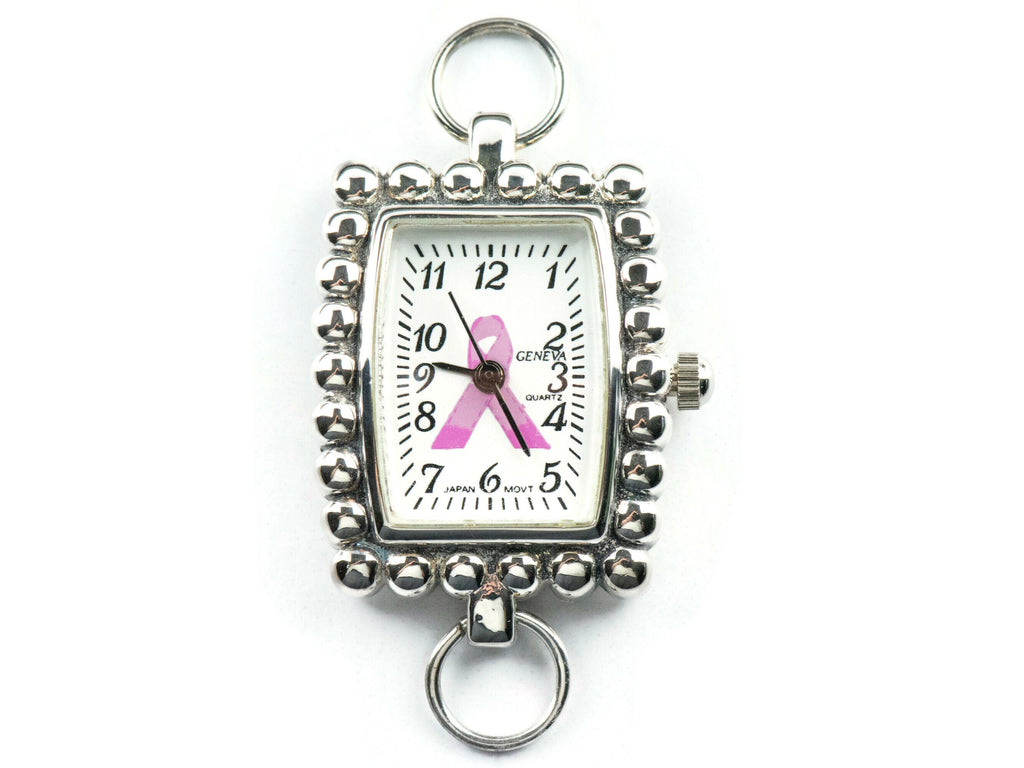 Pink Ribbon Silvertone Bumpy Square Watch Face • White Dial • DIY Beading Watch • Jewelry Making • Analog • Loops and Battery Included
