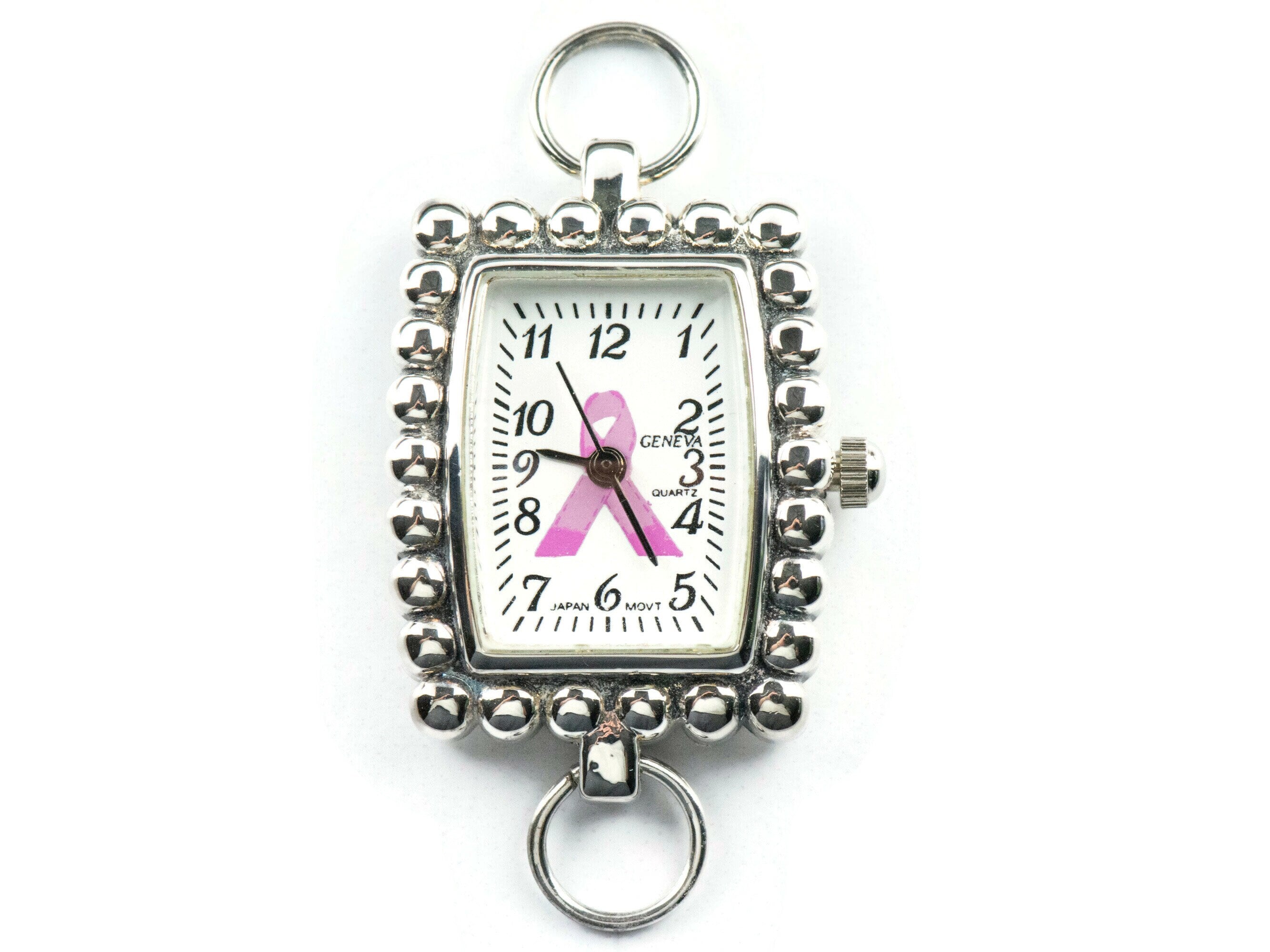 Pink Ribbon Silvertone Bumpy Square Watch Face • White Dial • DIY Beading Watch • Jewelry Making • Analog • Loops and Battery Included