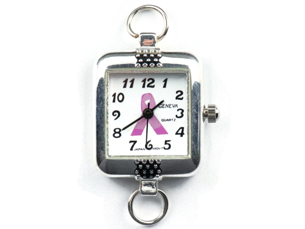Pink Ribbon Silvertone Embellished Square Watch Face • White Dial • DIY Beading Watch • Jewelry Making • Analog • Loops and Battery Included