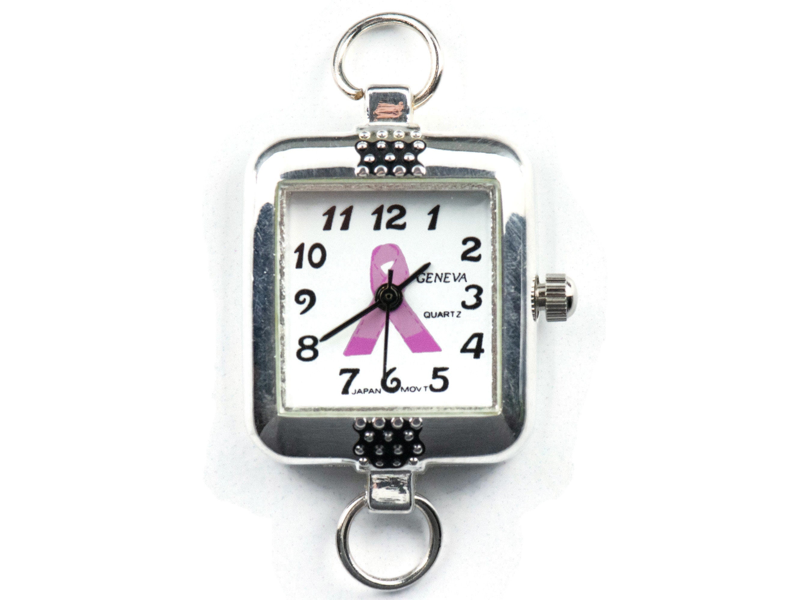 Pink Ribbon Silvertone Embellished Square Watch Face • White Dial • DIY Beading Watch • Jewelry Making • Analog • Loops and Battery Included
